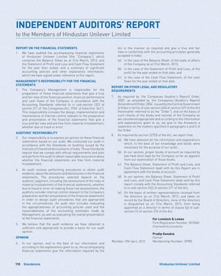 Standalone110 Hindustan Unilever Limited
INDEPENDENT AUDITORS’ REPORT
to the Members of Hindustan Unilever Limited
REPORT ON THE FINANCIAL STATEMENTS
1.	We have audited the accompanying financial statements
of Hindustan Unilever Limited (the “Company”), which
comprise the Balance Sheet as at 31st March, 2013, and
the Statement of Profit and Loss and Cash Flow Statement
for the year then ended, and a summary of significant
accounting policies and other explanatory information,
which we have signed under reference to this report.
MANAGEMENT’S RESPONSIBILITY FOR THE FINANCIAL
STATEMENTS
2.	The Company’s Management is responsible for the
preparation of these financial statements that give a true
and fair view of the financial position, financial performance
and cash flows of the Company in accordance with the
Accounting Standards referred to in sub-section (3C) of
section 211 of ‘the Companies Act, 1956’ of India (the “Act”).
This responsibility includes the design, implementation and
maintenance of internal control relevant to the preparation
and presentation of the financial statements that give a
true and fair view and are free from material misstatement,
whether due to fraud or error.
AUDITORS’ RESPONSIBILITY
3.	Our responsibility is to express an opinion on these financial
statements based on our audit. We conducted our audit in
accordance with the Standards on Auditing issued by the
Institute of Chartered Accountants of India. Those Standards
require that we comply with ethical requirements and plan
and perform the audit to obtain reasonable assurance about
whether the financial statements are free from material
misstatement.
4.	An audit involves performing procedures to obtain audit
evidence, about the amounts and disclosures in the financial
statements. The procedures selected depend on the
auditors’ judgment, including the assessment of the risks of
material misstatement of the financial statements, whether
due to fraud or error. In making those risk assessments, the
auditors consider internal control relevant to the Company’s
preparation and fair presentation of the financial statements
in order to design audit procedures that are appropriate
in the circumstances. An audit also includes evaluating
the appropriateness of accounting policies used and the
reasonableness of the accounting estimates made by
Management, as well as evaluating the overall presentation
of the financial statements.
5.	We believe that the audit evidence we have obtained is
sufficient and appropriate to provide a basis for our audit
opinion.
OPINION
6.	In our opinion, and to the best of our information and
according to the explanations given to us, the accompanying
financial statements give the information required by the
Act in the manner so required and give a true and fair
view in conformity with the accounting principles generally
accepted in India:
	 (a)	in the case of the Balance Sheet, of the state of affairs
of the Company as at 31st March, 2013;
	 (b)	in the case of the Statement of Profit and Loss, of the
profit for the year ended on that date; and
	 (c)	in the case of the Cash Flow Statement, of the cash
flows for the year ended on that date.
REPORT ON OTHER LEGAL AND REGULATORY
REQUIREMENTS
7.	As required by ‘the Companies (Auditor’s Report) Order,
2003’, as amended by ‘the Companies (Auditor’s Report)
(Amendment)Order,2004’,issuedbytheCentralGovernment
of India in terms of sub-section (4A) of section 227 of the Act
(hereinafter referred to as the “Order”), and on the basis of
such checks of the books and records of the Company as
we considered appropriate and according to the information
and explanations given to us, we give in the Annexure a
statement on the matters specified in paragraphs 4 and 5 of
the Order.
8.	 As required by section 227(3) of the Act, we report that:
	 (a)	We have obtained all the information and explanations
which, to the best of our knowledge and belief, were
necessary for the purpose of our audit;
	 (b)	In our opinion, proper books of account as required by
law have been kept by the Company so far as appears
from our examination of those books;
	 (c)	The Balance Sheet, Statement of Profit and Loss, and
Cash Flow Statement dealt with by this Report are in
agreement with the books of account;
	 (d) 	In our opinion, the Balance Sheet, Statement of Profit
and Loss, and Cash Flow Statement dealt with by this
report comply with the Accounting Standards referred
to in sub-section (3C) of section 211 of the Act;
	 (e)	On the basis of written representations received from
the directors as on 31st March, 2013, and taken on
record by the Board of Directors, none of the directors
is disqualified as on 31st March, 2013, from being
appointed as a director in terms of clause (g) of sub-
section (1) of section 274 of the Act.
For Lovelock  Lewes
Firm Registration Number: 301056E
Chartered Accountants
Pradip Kanakia
Partner
Mumbai: 29th April, 2013 Membership Number: 39985
 
