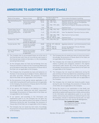 Standalone112 Hindustan Unilever Limited
ANNEXURE TO AUDITORS’ REPORT (Contd.)
Name of the statute Nature of dues
Amount
(Rs. crores)
Periods to which the
amount relates
Forum where the dispute is pending
The Central Excise Act,
1944
Excise duty including
interest and penalty,
as applicable
150.92
31.92
5.50
3.44
1982, 1985-2013
1981, 1992 - 2013
1999
1982-1983, 1999, 2003-
2012
1988, 1999
Appellate Authority – up to Commissioner’s level
Customs, Excise and Service Tax Appellate
Tribunals of various states
High Courts of Gujarat, Karnataka and Bombay
Supreme Court
Central Sales Tax Act
and Local Sales Tax
Acts (including works
contract)
Sales tax including
interest and penalty,
as applicable
84.96
11.42
38.44
12.44
1986-1988, 1990, 1992-
2013
1984, 1992-2005, 2007-
2010
1977, 1983-1986, 1988-
1989, 1991-2013
1985-90, 1995-97, 2000
Appellate Authority – up to Commissioner’s level
Sales Tax Appellate Tribunals of various states
High Courts of various states
Supreme Court
Customs Act, 1962 Customs duty
including interest and
penalty, as applicable
1.62 1995, 1998-1999, 2011 Appellate Authority – up to Commissioner’s level
Income-tax Act, 1961 Income tax including
interest and penalty,
as applicable
83.88
0.20
0.06
1979-80, 1991, 2003-08,
2010-12
1982-83, 2005-06
1963-64, 1982-83
Appellate Authority – up to Commissioner’s level
Income Tax Appellate Tribunal, Mumbai
Bombay High Court
Service Tax (Finance
Act, 1994)
Service tax including
interest and penalty,
as applicable
27.16 2005-12 Appellate Authority – up to Commissioner’s level
10.	The Company has no accumulated losses as at the end of
the financial year and it has not incurred any cash losses in
the financial year ended on that date or in the immediately
preceding financial year.
11.	As the Company does not have any borrowings from any
financial institution or bank nor has it issued any debentures
as at the balance sheet date, the provisions of Clause 4(xi) of
the Order are not applicable to the Company.
12.	The Company has not granted any loans and advances on
the basis of security by way of pledge of shares, debentures
and other securities. Therefore, the provisions of Clause
4(xii) of the Order are not applicable to the Company.
13.	As the provisions of any special statute applicable to chit
fund/ nidhi/ mutual benefit fund/ societies are not applicable
to the Company, the provisions of Clause 4(xiii) of the Order
are not applicable to the Company.
14.	In our opinion, the Company is not dealing in or trading
in shares, securities, debentures and other investments.
Accordingly, the provisions of Clause 4(xiv) of the Order are
not applicable to the Company.
15.	In our opinion, and according to the information and
explanations given to us, the Company has not given any
guarantee for loans taken by others from banks or financial
institutions during the year. Accordingly, the provisions of
Clause 4(xv) of the Order are not applicable to the Company.
16.	The Company has not raised any term loans. Accordingly,
the provisions of Clause 4(xvi) of the Order are not applicable
to the Company.
17.	The Company has not raised any loans on short term basis.
Accordingly, the provisions of Clause 4(xvii) of the Order are
not applicable to the Company.
18.	The Company has not made any preferential allotment of
shares to parties and companies covered in the register
maintained under Section 301 of the Act during the year.
Accordingly, the provisions of Clause 4(xviii) of the Order are
not applicable to the Company.
19.	The Company has not issued any debentures during the
year and does not have any debentures outstanding as at the
beginning of the year and at the year end. Accordingly, the
provisions of Clause 4(xix) of the Order are not applicable to
the Company.
20.	The Company has not raised any money by public issues
during the year. Accordingly, the provisions of Clause 4(xx)
of the Order are not applicable to the Company.
21.	During the course of our examination of the books and
records of the Company, carried out in accordance with the
generally accepted auditing practices in India, and according
to the information and explanations given to us, we have
neither come across any instance of material fraud on or by
the Company, noticed or reported during the year, nor have
we been informed of any such case by the Management.
For Lovelock  Lewes
Firm Registration Number: 301056E
Chartered Accountants
Pradip Kanakia
Partner
Membership Number: 39985
Mumbai: 29th April, 2013
 