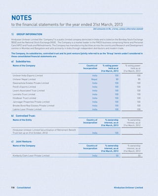 Consolidated118 Hindustan Unilever Limited
1)	 GROUP INFORMATION
Hindustan Unilever Limited (the ‘Company’) is a public limited company domiciled in India and is listed on the Bombay Stock Exchange
(BSE) and the National Stock Exchange (NSE). The Company is a market leader in the FMCG business comprising Home and Personal
Care (HPC) and Foods and Refreshments. The Company has manufacturing facilities across the country and Research and Development
centres in Mumbai and Bangalore and sells primarily in India through independent distributors and modern trade.
The Company, its subsidiaries, controlled trust and its joint venture (jointly referred to as the ‘Group’ herein under) considered in
these consolidated financial statements are:
a)	Subsidiaries:
Name of the Company Country of
Incorporation
% voting power
held as at
31st March, 2013
% voting power
held as at
31st March, 2012
Unilever India Exports Limited India 100 100
Unilever Nepal Limited Nepal 80 80
Daverashola Estates Private Limited India 100 100
Pond's Exports Limited India 100 100
Levers Associated Trust Limited India 100 100
Levindra Trust Limited India 100 100
Hindlever Trust Limited India 100 100
Jamnagar Properties Private Limited India 100 100
Brooke Bond Real Estates Private Limited India 100 100
Lakme Lever Private Limited India 100 100
b)	 Controlled Trust:
Name of the Entity Country of
Incorporation
% ownership
interest, as at
31st March, 2013
% ownership
interest, as at
31st March, 2012
Hindustan Unilever Limited Securitisation of Retirement Benefit
Trust (set up on 31st October, 2012) India 100 –
c)	 Joint Venture:
Name of the Company Country of
Incorporation
% ownership
interest, as at
31st March, 2013
% ownership
interest, as at
31st March, 2012
Kimberly Clark Lever Private Limited India 50 50
NOTES	
to the financial statements for the year ended 31st March, 2013
(All amounts in Rs. crores, unless otherwise stated)
 