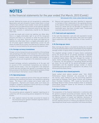 Consolidated
OVERVIEW REPORTS FINANCIAL STATEMENTS SHAREHOLDER INFORMATION
121Annual Report 2012-13
periods. Deferred tax assets are not recognised on unabsorbed
depreciation and carry forward of losses unless there is virtual
certainty that sufficient future taxable income will be available
against which such deferred tax assets can be realised. Deferred
tax assets and liabilities are measured using the tax rates that
have been enacted or substantively enacted by the Balance
Sheet date.
Current tax assets and current tax liabilities are offset when
there is a legally enforceable right to set off the recognised
amounts and there is an intention to settle the asset and the
liability on a net basis. Deferred tax assets and deferred tax
liabilities are offset when there is a legally enforceable right to
set off assets against liabilities representing current tax and
where the deferred tax assets and deferred tax liabilities relate
to taxes on income levied by the same governing taxation laws.
2.14. Foreign currency translations
Foreign currency transactions are accounted for at the exchange
rates prevailing at the date of the transaction. Gains and losses
resulting from the settlement of such transactions and from the
translation of monetary assets and liabilities denominated in
foreign currencies are recognised in the statement of profit and
loss.
Forward exchange contracts outstanding as at the year end
on account of firm commitment transactions are marked to
market and the losses, if any are recognised in the statement
of profit and loss and gains are ignored in accordance with the
Announcement of the Institute of Chartered Accountants of India
on ‘Accounting for Derivatives’ issued in March 2008.
2.15. Operating leases
Leases in which a significant portion of the risks and rewards of
ownership are retained by the lessor are classified as operating
leases. The Group is both a lessee and a lessor under such
arrangements. Payments and receipts under such leases are
charged or credited to statement of profit and loss on a straight
line basis over the period of the lease.
2.16. Segment reporting
The accounting policies adopted for segment reporting are in
conformity with the accounting policies adopted for the Group.
Further,
a)	Inter segment revenue has been accounted for based on
the transaction price agreed to between segments which is
primarily market based.
b) 	Revenue and expenses have been identified to segments
on the basis of their relationship to the operating activities
of the segment. Revenue and expenses, which relate to the
Group as a whole and are not allocable to segments on a
reasonable basis, have been included under “Unallocated
corporate expenses/income (net)”.
2.17. Cash and cash equivalents
In the cash flow statement, cash and cash equivalents include
cash in hand, term deposits with banks, other short term highly
liquid investments with original maturities of three months or
less.
2.18. Earnings per share
Basic earnings per share is calculated by dividing the net profit
for the period attributable to equity shareholders by the weighted
average number of equity shares outstanding during the period.
The weighted average number of equity shares outstanding
during the period and for all periods presented is adjusted
for events, such as bonus shares, other than the conversion
of potential equity shares, that have changed the number of
equity shares outstanding, without a corresponding change
in resources. For the purpose of calculating diluted earnings
per share, the net profit for the period attributable to equity
shareholders and the weighted average number of shares
outstanding during the period is adjusted for the effects of all
dilutive potential equity shares.
2.19. Employee share based payments
Equity settled stock options granted under “HUL ESOP/
Performance Shares Schemes” are accounted for under
the intrinsic value method as per the accounting treatment
prescribed by Employee Stock Option Scheme and Employee
Stock Purchase Guidelines, 1999, issued by Securities and
Exchange Board of India and the Guidance Note on Employee
Share-based Payments issued by the Institute of Chartered
Accountants Of India.
2.20. Use of estimates
The preparation of the financial statements in conformity with
the general accepted accounting principles requires that the
management makes estimates and assumptions that affect
the reported amounts of assets and liabilities, disclosure of
contingent liabilities as at the date of the financial statements,
and the reported amounts of revenue and expenses during the
reported period. Actual results could differ from those estimates.
NOTES	
to the financial statements for the year ended 31st March, 2013 (Contd.)
(All amounts in Rs. crores, unless otherwise stated)
 