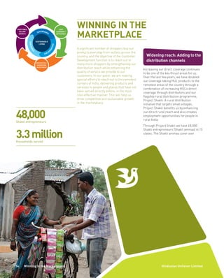 16 Hindustan Unilever LimitedFinancial Performance
A significant number of shoppers buy our
products everyday from outlets across the
country, and the objective of the Customer
Development function is to reach out to
many more shoppers by strengthening our
distribution reach while enhancing the
quality of service we provide to our
customers. In our quest, we are making
special efforts to reach out to the remotest
corners of India, delivering products and
services to people and places that have not
been served directly before, in the most
cost-effective manner. This will help us
drive competitive and sustainable growth
in the marketplace.
Widening reach: Adding to the
distribution channels
Increasing our direct coverage continues
to be one of the key thrust areas for us.
Over the last few years, we have doubled
our coverage taking HUL products to the
remotest areas of the country through a
combination of increasing HUL’s direct
coverage through distributors and our
flagship rural distribution programme,
Project Shakti. A rural distribution
initiative that targets small villages,
Project Shakti benefits us by enhancing
our direct rural reach and also creates
employment opportunities for people in
rural India.
Through Project Shakti we have 48,000
Shakti entrepreneurs (Shakti ammas) in 15
states. The Shakti ammas cover over
WINNING IN THE
MARKETPLACE
48,000Shakti entrepreneurs
3.3millionHouseholds served
14 Winning in the Marketplace Hindustan Unilever Limited
 