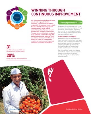 18 Hindustan Unilever LimitedFinancial Performance
Our continuous improvement programme
aims to deliver growth which is
consistent, competitive, profitable and
responsible. We add value at every step in
the value chain by delivering superior
customer service, better quality,
competitive cost and flawless execution
with a flexible, agile and lean structure.
This approach, combined with our global
scale generates significant savings that
we invest back into our business. This is
our virtuous circle of growth. We aim to
double the size of our company while
reducing our environmental impact and
increasing our positive social impact.
Leveraging Entire Value Chain
By working across the value chain – from
sourcing, manufacturing, logistics through
innovation, advertising and promotions,
and pricing – we use our global scale to
add value, reach new markets and meet
our sustainability targets.
Global Scale and Local Agility
We have successfully identified various
opportunities to improve the gross margin
over long term. Examples of such learning
were capital productivity framework to
create capacity through productivity
improvement and low cost business
models to optimise end to end cost.
Our philosophy of ‘design once, deploy
everywhere’, enables us to execute with
speed. This helps our world-class
manufacturing network deliver better
quality products.
WINNING THROUGH
CONTINUOUS IMPROVEMENT
16 Winning through Continuous Improvement Hindustan Unilever Limited
31out of 38 factories are 100% zero
non-hazardous waste to landfill
20%energy is through renewable energy
 