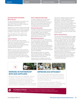 Annual Report 2012-13
OVERVIEW REPORTS FINANCIAL STATEMENTS SHAREHOLDER INFORMATION
17Winning through Continuous Improvement
REACHING MORE CONSUMERS
Better Service
To reach different kind of consumers, we
developed segmented supply chain
approach for various product categories,
geographies and channels.
Overall service level as measured through
CCFOT (Customer Case-Fill On-Time) saw
a significant rise and on-Shelf Availability
for Modern Trade saw an improvement.
This year, Walmart, Tesco, Metro and
Hypercity declared us “Supplier of the
Year”.
Superior Quality
We are systematically improving the
quality of our products as perceived by our
consumers. Quality performance
measured as Consumer Relevant Quality
Standard (CRQS) showed 50%
improvement over last year.
Quality continues to be a focus area with
thrust on design quality improvement and
new quality standard implementation for
warehousing and transportation. The
consumer care lines were improved and
are now being used as channels to engage
with consumers.
FAST, FLAWLESS EXECUTION
In order to support our strong volume
growth, we are adding capacity in a
structured and cost effective framework.
50% of our incremental capacities are
through productivity and technology
improvement of existing asset base.
Innovation Execution
This year, we reduced lead time by 25% to
launch innovations in the market place
through Bigger, Faster Innovation
Programme. All the key projects were
delivered with OTIF (On-Time, In-Full)
delivery performance of 95%.
Operational Excellence
In IT we strengthened our SAP backbone
to provide superior customer service and
better collaboration with business
partners. We leveraged advanced
forecasting and inventory modelling tools
to do multi-echelon inventory optimisation
and day level demand sensing to reduce
the inventory levels while maintaining high
levels of availability.
We leveraged a range of IT-enabled
solutions like tablets, computers and
feature phones to help our 75,000 field
representatives execute better.
Finance function initiated a multi-fold
transformation journey this year. Project
‘Parivartan’ stepped up the Purchase to
Pay process. Project ‘My Business
Information’ revamped the information
management function. Under Project
‘Effective Finance Controls and Reporting’,
the finance control environment was
streamlined and strengthened with 50% of
key controls being automated. Technology
interventions were taken up to achieve
over 25% reduction in time consumed on
annual closing processes and report back
to the markets.
End-to-end Cost Focus
This year we delivered highest ever supply
chain saving – over 5% of the total supply
chain cost. We continued to have negative
working capital in 2012. Our cost savings
increased significantly since 2010, while
non-material Supply Chain costs and
overheads reduced further. In order to
secure better effectiveness of our trade
and marketing spends, we are driving
Return on Marketing Investment (ROMI) as
a holistic program. Improvement targets
have been set for all elements of
Advertising and Promotional spends and
cross-functional teams are focused on
delivering measurable results. ROMI is
increasingly becoming a key source of
competitive advantage.
IMPROVING ECO-EFFICIENCY
In 2012, we have made significant progress towards
our sustainability goals in manufacturing operations.
For every tonne of production in 2012, C02
emissions
reduced by 22%, water use by 29% and waste by 77%
compared to 2008 baseline.
31 HUL factories have now become 100% zero
non-hazardous waste to landfill. Our renewable energy
share has moved from 8% in 2010 to 20% in 2012
through using alternate biomass-based fuel.
WORKING IN PARTNERSHIP
WITH OUR SUPPLIERS
We work with partners to co-create better and faster
innovations, in line with our commitments in our
Sustainable Living Plan. We are procuring more
agricultural raw material from sustainable sources.
Supply Integration initiative was undertaken for
Sustainable Tomato Sourcing through 1,100 smallholder
farmers, 1,500 acres, 28,000 Metric Tonnes of tomatoes.
SUSTAINABLE SOURCING TO FIND OUT HOW WE PARTNER WITH SMALL-SCALE
SUPPLIERS VISIT : WWW.HUL.CO.IN/SUSTAINABLE-LIVING/SUSTAINABLESOURCING
 