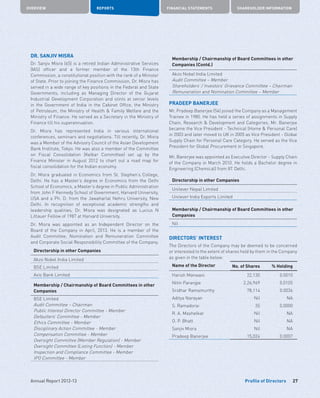 OVERVIEW REPORTS FINANCIAL STATEMENTS SHAREHOLDER INFORMATION
27Annual Report 2012-13 Profile of Directors
DR. SANJIV MISRA
Dr. Sanjiv Misra (65) is a retired Indian Administrative Services
(IAS) officer and a former member of the 13th Finance
Commission, a constitutional position with the rank of a Minister
of State. Prior to joining the Finance Commission, Dr. Misra has
served in a wide range of key positions in the Federal and State
Governments, including as Managing Director of the Gujarat
Industrial Development Corporation and stints at senior levels
in the Government of India in the Cabinet Office, the Ministry
of Petroleum, the Ministry of Health  Family Welfare and the
Ministry of Finance. He served as a Secretary in the Ministry of
Finance till his superannuation.
Dr. Misra has represented India in various international
conferences, seminars and negotiations. Till recently, Dr. Misra
was a Member of the Advisory Council of the Asian Development
Bank Institute, Tokyo. He was also a member of the Committee
on Fiscal Consolidation (Kelkar Committee) set up by the
Finance Minister in August 2012 to chart out a road map for
fiscal consolidation for the Indian economy.
Dr. Misra graduated in Economics from St. Stephen’s College,
Delhi. He has a Master’s degree in Economics from the Delhi
School of Economics, a Master’s degree in Public Administration
from John F Kennedy School of Government, Harvard University,
USA and a Ph. D. from the Jawaharlal Nehru University, New
Delhi. In recognition of exceptional academic strengths and
leadership qualities, Dr. Misra was designated as Lucius N
Littauer Fellow of 1987 at Harvard University.
Dr. Misra was appointed as an Independent Director on the
Board of the Company in April, 2013. He is a member of the
Audit Committee, Nomination and Remuneration Committee
and Corporate Social Responsibility Committee of the Company.
Directorship in other Companies
Akzo Nobel India Limited
BSE Limited
Axis Bank Limited
Membership / Chairmanship of Board Committees in other
Companies
BSE Limited
Audit Committee – Chairman
Public Interest Director Committee - Member
Defaulters’ Committee - Member
Ethics Committee - Member
Disciplinary Action Committee - Member
Compensation Committee - Member
Oversight Committee (Member Regulation) - Member
Oversight Committee (Listing Function) - Member
Inspection and Compliance Committee - Member
IPO Committee - Member
Membership / Chairmanship of Board Committees in other
Companies (Contd.)
Akzo Nobel India Limited
Audit Committee – Member
Shareholders’ / Investors’ Grievance Committee – Chairman
Remuneration and Nomination Committee – Member
PRADEEP BANERJEE
Mr. Pradeep Banerjee (54) joined the Company as a Management
Trainee in 1980. He has held a series of assignments in Supply
Chain, Research  Development and Categories. Mr. Banerjee
became the Vice President - Technical (Home  Personal Care)
in 2003 and later moved to UK in 2005 as Vice President - Global
Supply Chain for Personal Care Category. He served as the Vice
President for Global Procurement in Singapore.
Mr. Banerjee was appointed as Executive Director - Supply Chain
of the Company in March 2010. He holds a Bachelor degree in
Engineering (Chemical) from IIT Delhi.
Directorship in other Companies
Unilever Nepal Limited
Unilever India Exports Limited
Membership / Chairmanship of Board Committees in other
Companies
Nil
DIRECTORS’ INTEREST
The Directors of the Company may be deemed to be concerned
or interested to the extent of shares held by them in the Company
as given in the table below:
Name of the Director No. of Shares % Holding
Harish Manwani 22,130 0.0010
Nitin Paranjpe 2,26,969 0.0105
Sridhar Ramamurthy 78,114 0.0036
Aditya Narayan Nil NA
S. Ramadorai 35 0.0000
R. A. Mashelkar Nil NA
O. P. Bhatt Nil NA
Sanjiv Misra Nil NA
Pradeep Banerjee 15,024 0.0007
 