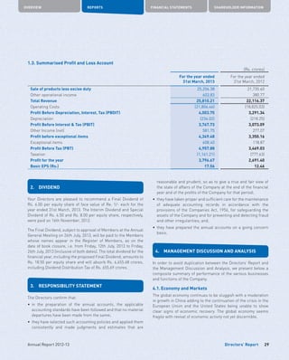 Directors’ Report
OVERVIEW REPORTS FINANCIAL STATEMENTS SHAREHOLDER INFORMATION
29Annual Report 2012-13
1.3. Summarised Profit and Loss Account
(Rs. crores)
For the year ended
31st March, 2013
For the year ended
31st March, 2012
Sale of products less excise duty 25,206.38 21,735.60
Other operational income 603.83 380.77
Total Revenue 25,810.21 22,116.37
Operating Costs (21,806.46) (18,825.03)
Profit Before Depreciation, Interest, Tax (PBDIT) 4,003.75 3,291.34
Depreciation (236.02) (218.25)
Profit Before Interest  Tax (PBIT) 3,767.73 3,073.09
Other Income (net) 581.75 277.07
Profit before exceptional items 4,349.48 3,350.16
Exceptional items 608.40 118.87
Profit Before Tax (PBT) 4,957.88 3,469.03
Taxation (1,161.21) (777.63)
Profit for the year 3,796.67 2,691.40
Basic EPS (Rs.) 17.56 12.46
2.	DIVIDEND
Your Directors are pleased to recommend a Final Dividend of
Rs. 6.00 per equity share of face value of Re. 1/- each for the
year ended 31st March, 2013. The Interim Dividend and Special
Dividend of Rs. 4.50 and Rs. 8.00 per equity share, respectively,
were paid on 16th November, 2012.
The Final Dividend, subject to approval of Members at the Annual
General Meeting on 26th July, 2013, will be paid to the Members
whose names appear in the Register of Members, as on the
date of book closure, i.e. from Friday, 12th July, 2013 to Friday,
26th July, 2013 (inclusive of both dates). The total dividend for the
financial year, including the proposed Final Dividend, amounts to
Rs. 18.50 per equity share and will absorb Rs. 4,655.68 crores,
including Dividend Distribution Tax of Rs. 655.69 crores.
3.	 RESPONSIBILITY STATEMENT
The Directors confirm that:
•	in the preparation of the annual accounts, the applicable
accounting standards have been followed and that no material
departures have been made from the same;
•	 they have selected such accounting policies and applied them
consistently and made judgments and estimates that are
reasonable and prudent, so as to give a true and fair view of
the state of affairs of the Company at the end of the financial
year and of the profits of the Company for that period;
•	 they have taken proper and sufficient care for the maintenance
of adequate accounting records in accordance with the
provisions of the Companies Act, 1956, for safeguarding the
assets of the Company and for preventing and detecting fraud
and other irregularities; and,
•	they have prepared the annual accounts on a going concern
basis.
4.	 MANAGEMENT DISCUSSION AND ANALYSIS
In order to avoid duplication between the Directors’ Report and
the Management Discussion and Analysis, we present below a
composite summary of performance of the various businesses
and functions of the Company.
4.1.	Economy and Markets
The global economy continues to be sluggish with a moderation
in growth in China adding to the continuation of the crisis in the
European Union and the United States being unable to show
clear signs of economic recovery. The global economy seems
fragile with revival of economic activity not yet discernible.
 