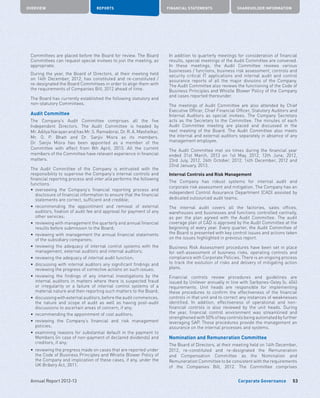 Corporate Governance
OVERVIEW REPORTS FINANCIAL STATEMENTS SHAREHOLDER INFORMATION
53Annual Report 2012-13
Committees are placed before the Board for review. The Board
Committees can request special invitees to join the meeting, as
appropriate.
During the year, the Board of Directors, at their meeting held
on 14th December, 2012, has constituted and re-constituted /
re-designated the Board Committees in order to align them with
the requirements of Companies Bill, 2012 ahead of time.
The Board has currently established the following statutory and
non-statutory Committees.
Audit Committee
The Company’s Audit Committee comprises all the five
Independent Directors. The Audit Committee is headed by
Mr. Aditya Narayan and has Mr. S. Ramadorai, Dr. R. A. Mashelkar,
Mr. O. P. Bhatt and Dr. Sanjiv Misra as its members.
Dr. Sanjiv Misra has been appointed as a member of the
Committee with effect from 8th April, 2013. All the current
members of the Committee have relevant experience in financial
matters.
The Audit Committee of the Company is entrusted with the
responsibility to supervise the Company’s internal controls and
financial reporting process and inter alia performs the following
functions:
•	overseeing the Company’s financial reporting process and
disclosure of financial information to ensure that the financial
statements are correct, sufficient and credible;
•	recommending the appointment and removal of external
auditors, fixation of audit fee and approval for payment of any
other services;
•	 reviewing with management the quarterly and annual financial
results before submission to the Board;
•	reviewing with management the annual financial statements
of the subsidiary companies;
•	reviewing the adequacy of internal control systems with the
management, external auditors and internal auditors;
•	 reviewing the adequacy of internal audit function;
•	discussing with internal auditors any significant findings and
reviewing the progress of corrective actions on such issues;
•	reviewing the findings of any internal investigations by the
internal auditors in matters where there is suspected fraud
or irregularity or a failure of internal control systems of a
material nature and then reporting such matters to the Board;
•	 discussingwithexternalauditors,beforetheauditcommences,
the nature and scope of audit as well as having post-audit
discussions to ascertain areas of concern, if any;
•	 recommending the appointment of cost auditors;
•	reviewing the Company’s financial and risk management
policies;
•	examining reasons for substantial default in the payment to
Members (in case of non-payment of declared dividends) and
creditors, if any;
•	 reviewing the progress made on cases that are reported under
the Code of Business Principles and Whistle Blower Policy of
the Company and implication of these cases, if any, under the
UK Bribery Act, 2011.
In addition to quarterly meetings for consideration of financial
results, special meetings of the Audit Committee are convened.
In these meetings, the Audit Committee reviews various
businesses / functions, business risk assessment, controls and
security critical IT applications and internal audit and control
assurance reports of all the major divisions of the Company.
The Audit Committee also reviews the functioning of the Code of
Business Principles and Whistle Blower Policy of the Company
and cases reported thereunder.
The meetings of Audit Committee are also attended by Chief
Executive Officer, Chief Financial Officer, Statutory Auditors and
Internal Auditors as special invitees. The Company Secretary
acts as the Secretary to the Committee. The minutes of each
Audit Committee meeting are placed and discussed in the
next meeting of the Board. The Audit Committee also meets
the internal and external auditors separately in absence of any
management employee.
The Audit Committee met six times during the financial year
ended 31st March, 2013 on 1st May, 2012, 12th June, 2012,
23rd July, 2012, 26th October, 2012, 14th December, 2012 and
22nd January, 2013.
Internal Controls and Risk Management
The Company has robust systems for internal audit and
corporate risk assessment and mitigation. The Company has an
independent Control Assurance Department (CAD) assisted by
dedicated outsourced audit teams.
The internal audit covers all the factories, sales offices,
warehouses and businesses and functions controlled centrally,
as per the plan agreed with the Audit Committee. The audit
coverage plan of CAD is approved by the Audit Committee at the
beginning of every year. Every quarter, the Audit Committee of
the Board is presented with key control issues and actions taken
on the issues highlighted in previous report.
Business Risk Assessment procedures have been set in place
for self-assessment of business risks, operating controls and
compliance with Corporate Policies. There is an ongoing process
to track the evolution of risks and delivery of mitigating action
plans.
Financial controls review procedures and guidelines are
issued by Unilever annually in line with Sarbanes-Oxley (s. 404)
requirements. Unit heads are responsible for implementing
these procedures to confirm the effectiveness of the financial
controls in that unit and to correct any instances of weaknesses
identified. In addition, effectiveness of operational and non-
financial controls is also reviewed by the unit heads. During
the year, financial control environment was streamlined and
strengthened with 50% of key controls being automated by further
leveraging SAP. These procedures provide the management an
assurance on the internal processes and systems.
Nomination and Remuneration Committee
The Board of Directors, at their meeting held on 14th December,
2012, re-constituted and re-designated the Remuneration
and Compensation Committee as the Nomination and
Remuneration Committee to be consistent with the requirements
of the Companies Bill, 2012. The Committee comprises
 