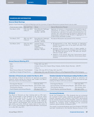 Corporate Governance
OVERVIEW REPORTS FINANCIAL STATEMENTS SHAREHOLDER INFORMATION
59Annual Report 2012-13
SHAREHOLDER INFORMATION
General Body Meetings
Details of last three Annual General Meetings and the summary of Special Resolutions passed therein are as under:
Financial year ended Date and Time Venue Special Resolutions Passed
31st March, 2010 27th July, 2010
3.00 p.m.
Birla Matushri Sabhagar,
19, Marine Lines,
Mumbai - 400 020
Approval of revision in remuneration to be paid by way of
commission on profits to Non-Executive Directors of the
Company, for a period of five years commencing from 1st
January, 2011 and authorising the Board to determine the
amount upto a maximum of Rs. 90 lakhs in aggregate or 1%
of Net Profits, whichever is lower.
31st March, 2011 28th July, 2011
3.30 p.m.
Birla Matushri Sabhagar,
19, Marine Lines,
Mumbai - 400 020
No Special Resolution was passed at this meeting.
31st March, 2012 23rd July, 2012
10.30 a.m.
Unilever House,
B.D. Sawant Marg,
Chakala,
Andheri (East),
Mumbai - 400 099
•	Re-appointment of Mr. Nitin Paranjpe as Managing
Director for another term of five years with effect from
4th April, 2013
•	Increase in the maximum limit of salary payable to
Managing Director(s) of the Company from the existing
Rs. 180 lakhs per annum to Rs. 290 lakhs per annum
effective 1st April, 2013.
•	Adoption of the revised ‘2012 HUL Performance Share
Scheme’ in amendment of ‘2006 HLL Performance Share
Scheme’.
Annual General Meeting 2013
Date Friday, 26th July, 2013
Venue Unilever House, B.D. Sawant Marg, Chakala, Andheri (East), Mumbai - 400 099
Time 3.30 p.m.
Book Closure Dates for Final Dividend Friday, 12th July, 2013 to Friday, 26th July, 2013
Last Date of receipt of Proxy Forms Wednesday, 24th July, 2013 before 3.30 p.m. at the Registered Office of the Company
Calendar of financial year ended 31st March, 2013
The meetings of Board of Directors for approval of quarterly
financial results during the financial year ended 31st March,
2013 were held on the following dates:
First Quarter Results 23rd July, 2012
Second Quarter and Half yearly Results 26th October, 2012
Third Quarter Results 22nd January, 2013
Fourth Quarter and Annual Results 29th April, 2013
Dividend
The Board of Directors at their meeting held on 29th April,
2013, recommended a Final Dividend of Rs. 6.00 per equity
share of face value of Re. 1/- each, for the financial year
ended 31st March, 2013. Together with Interim Dividend
of Rs. 4.50 per share and Special Dividend of Rs. 8.00 per
share, paid on 16th November, 2012, the total dividend for the
year works out to Rs. 18.50 per equity share of face value of
Re. 1/- each. Final Dividend, if approved by Members, will be paid
on or after 30th July, 2013.
TentativeCalendarforfinancialyearending31stMarch,2014
The tentative dates of meeting of Board of Directors for
consideration of quarterly financial results for the financial year
ending 31st March, 2014 are as follows:
First Quarter Results 26th July, 2013
Second Quarter and Half yearly Results 28th October, 2013
Third Quarter Results 23rd January, 2014
Fourth Quarter and Annual Results 28th April, 2014
Unclaimed Dividends
As per the Companies Act, 1956, dividends that are unclaimed
for a period of seven years, statutorily get transferred to the
Investor Education and Protection Fund (IEPF) administered
by the Central Government and thereafter cannot be claimed
by investors. To ensure maximum disbursement of unclaimed
dividend, the Company sends reminders to the concerned
investors, before transfer of dividend to IEPF.
The unpaid / unclaimed dividends upto Final Dividend 1995 (39F)
had been transferred to the General Revenue Account of the
 