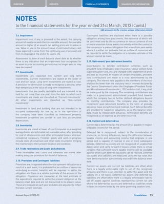 Standalone
OVERVIEW REPORTS FINANCIAL STATEMENTS SHAREHOLDER INFORMATION
73Annual Report 2012-13
2.6. Impairment
Impairment loss, if any, is provided to the extent, the carrying
amount of assets exceeds their recoverable amount. Recoverable
amount is higher of an asset’s net selling price and its value in
use. Value in use is the present value of estimated future cash
flows expected to arise from the continuing use of an asset and
from its disposal at the end of its useful life.
Assessment is done at each balance sheet date as to whether
there is any indication that an impairment loss recognised for
an asset in prior accounting periods may no longer exist or may
have decreased.
2.7. Investments
Investments are classified into current and long term
investments. Current investments are stated at the lower of
cost and fair value. Long term investments are stated at cost.
A provision for diminution is made to recognise a decline, other
than temporary, in the value of long term investments.
Investments that are readily realisable and are intended to be
held for not more than one year from the date on which such
investments are made, are classified as “Current investments”.
All other investments are classified as “Non-current
investments”.
Investment in land and building that are not intended to be
occupied substantially for use by, or in the operations of
the company, have been classified as investment property.
Investment properties are carried at cost less accumulated
depreciation.
2.8. Inventories
Inventories are stated at lower of cost (computed on a weighted
average basis) and estimated net realisable value, after providing
for cost of obsolescence and other anticipated losses, wherever
considered necessary. Finished goods and work-in-progress
include costs of conversion and other costs incurred in bringing
the inventories to their present location and condition.
2.9. Trade receivables and Loans and advances
Trade receivables and Loans and advances are stated after
making adequate provisions for doubtful balances.
2.10. Provisions and Contingent liabilities
Provisions are recognised when there is a present obligation as a
result of a past event, it is probable that an outflow of resources
embodying economic benefits will be required to settle the
obligation and there is a reliable estimate of the amount of the
obligation. Provisions are measured at the best estimate of
the expenditure required to settle the present obligation at the
balance sheet date and are not discounted to its present value.
These are reviewed at each year end date and adjusted to reflect
the best current estimate.
Contingent liabilities are disclosed when there is a possible
obligation arising from past events, the existence of which will
be confirmed only by the occurrence or non occurrence of one
or more uncertain future events not wholly within the control of
the company or a present obligation that arises from past events
where it is either not probable that an outflow of resources will
be required to settle the obligation or a reliable estimate of the
amount cannot be made.
2.11. Retirement/ post retirement benefits
Contributions to defined contribution schemes such as
provident fund, employees’ state insurance, labour welfare fund,
superannuation fund, etc. are charged to the statement of profit
and loss as incurred. In respect of certain employees, provident
fund contributions are made to a trust administered by the
company. The interest rate payable to the members of the trust
shall not be lower than the statutory rate of interest declared by
the Central Government under the Employees Provident Funds
and Miscellaneous Provisions Act, 1952 and shortfall, if any, shall
be made good by the company. The remaining contributions are
made to a government administered provident fund towards
which the company has no further defined obligations beyond
its monthly contributions. The company also provides for
retirement/ post-retirement benefits in the form of gratuity,
pensions, leave encashment and medical. Such defined benefits
are provided for based on valuations, as at the balance sheet
date, made by independent actuaries. Termination benefits are
recognised as an expense as and when incurred.
2.12. Current and deferred tax
Current tax is determined as the amount of tax payable in respect
of taxable income for the period.
Deferred tax is recognised, subject to the consideration of
prudence, on timing differences, being the difference between
taxable income and accounting income that originate in one
period and is capable of reversal in one or more subsequent
periods. Deferred tax assets are not recognised on unabsorbed
depreciation and carry forward of losses unless there is virtual
certainty that sufficient future taxable income will be available
against which such deferred tax assets can be realised. Deferred
tax assets and liabilities are measured using the tax rates that
have been enacted or substantively enacted by the balance sheet
date.
Current tax assets and current tax liabilities are offset when
there is a legally enforceable right to set off the recognised
amounts and there is an intention to settle the asset and the
liability on a net basis. Deferred tax assets and deferred tax
liabilities are offset when there is a legally enforceable right to
set off assets against liabilities representing current tax and
where the deferred tax assets and deferred tax liabilities relate
to taxes on income levied by the same governing taxation laws.
NOTES	
to the financial statements for the year ended 31st March, 2013 (Contd.)
(All amounts in Rs. crores, unless otherwise stated)
 