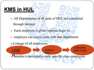 KMS in HUL
   All Departments of all units of HUL are connected
    through Intranet
   Each employee is given separate login id.

   employee can excess only with that department

   Linkage of all employees
                                                CONCERN
   USE                      KANDLA
                            SEZ
                                                EMPLOYEE

   R
   Internet is provided to only specific class employees
 