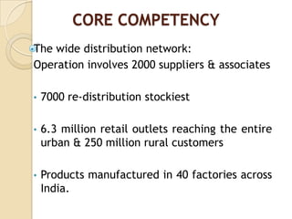 CORE COMPETENCY
•The wide distribution network:
Operation involves 2000 suppliers & associates
• 7000 re-distribution stockiest
• 6.3 million retail outlets reaching the entire
urban & 250 million rural customers
• Products manufactured in 40 factories across
India.
 