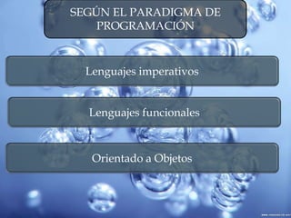 SEGÚN EL PARADIGMA DE
PROGRAMACIÓN
Lenguajes imperativos
Lenguajes funcionales
Orientado a Objetos
 