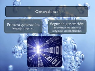Generaciones
Primera generación:
lenguaje maquina.
Segunda generación:
se crearon los primeros
lenguajes ensambladores.
 