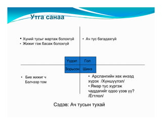 Óòãà ñàíàà


• Õ¿íèé òóñûã ìàðòàæ áîëîõã¿é   • À÷ òóñ áàãàäàõã¿é
• Æèæèã ãýæ áàñàæ áîëîõã¿é




                        ¯¿äýë    Ãîë

                        Çîðüñîí Øèíý

• Áèå æèæèã ÷                      • Àðñëàíãèéí õºõ èíýýä
  Áýë÷ýýð òîì                      õ¿ðýõ /Õ¿íø¿¿ëýë/
                                   • ßìàð òóñ õ¿ðãýæ
                                   ÷àääàãèéã îäîî ¿çýâ ¿¿?
                                   /¨ãòëîë/

                  Ñýäýâ: À÷ òóñûí òóõàé
 