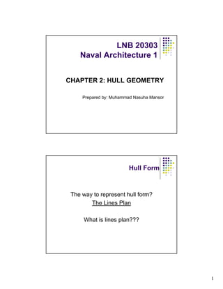LNB 20303
Naval Architecture 1
CHAPTER 2: HULL GEOMETRY
Prepared by: Muhammad Nasuha Mansor

Hull Form

The way to represent hull form?
The Lines Plan
What is lines plan???

1

 
