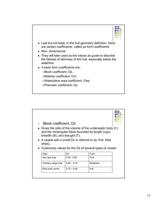 13 
z Last but not least, in the hull geometry definition, there 
are certain coefficients, a e ce a coe c e s, called as form coefficients 
z Non- dimensional 
z They will later used as the values as guide to describe 
the fatness of slimness of the hull, especially below the 
waterline. 
z 4 basic form coefficients are: 
1.Block coefficient, Cb. 
2.Midship coefficient, Cm. 
3.Waterplane area coefficient, Cwp 
4.Prismatic coefficient, Cp 
1. Block coefficient, Cb 
z Gives the ratio of the volume of the underwater body (∇) 
and the rectangular block bounded by length (Lpp), 
breadth (B), and draught (T). 
z A vessel with a small Cb is referred to as ‘fine’ (fast 
ships). 
z Customary values for the Cb of several types of vessel: 
Type Cb Form 
Very fast ship 0.50 - 0.65 Fine 
Ordinary cargo ship 0.65 – 0.75 Moderate 
Slow bulk carrier 0.75 – 0.90 Full 
 