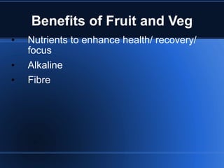 Benefits of Fruit and Veg Nutrients to enhance health/ recovery/ focus Alkaline Fibre 