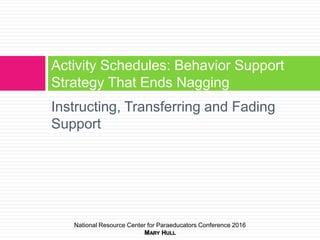 Instructing, Transferring and Fading
Support
Activity Schedules: Behavior Support
Strategy That Ends Nagging
National Resource Center for Paraeducators Conference 2016
MARY HULL
 