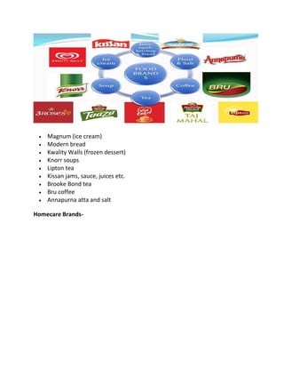 • Magnum (ice cream)
• Modern bread
• Kwality Walls (frozen dessert)
• Knorr soups
• Lipton tea
• Kissan jams, sauce, juices etc.
• Brooke Bond tea
• Bru coffee
• Annapurna atta and salt
Homecare Brands-
 
