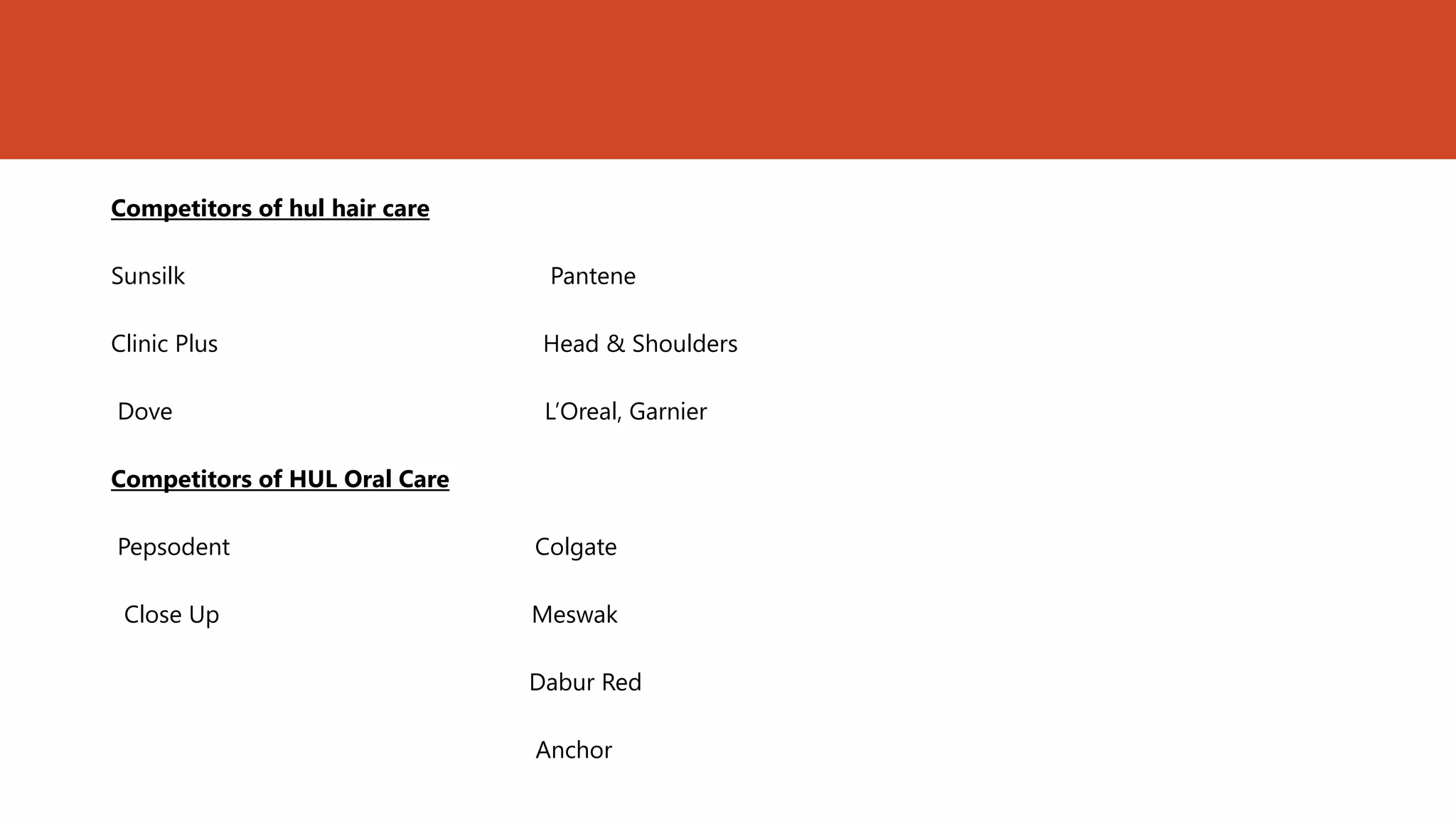 Competitors of hul hair care

Sunsilk                         Pantene

Clinic Plus                     Head & Shoulders

Dove                            L’Oreal, Garnier

Competitors of HUL Oral Care

Pepsodent                      Colgate

 Close Up                      Meswak

                               Dabur Red

                               Anchor
 