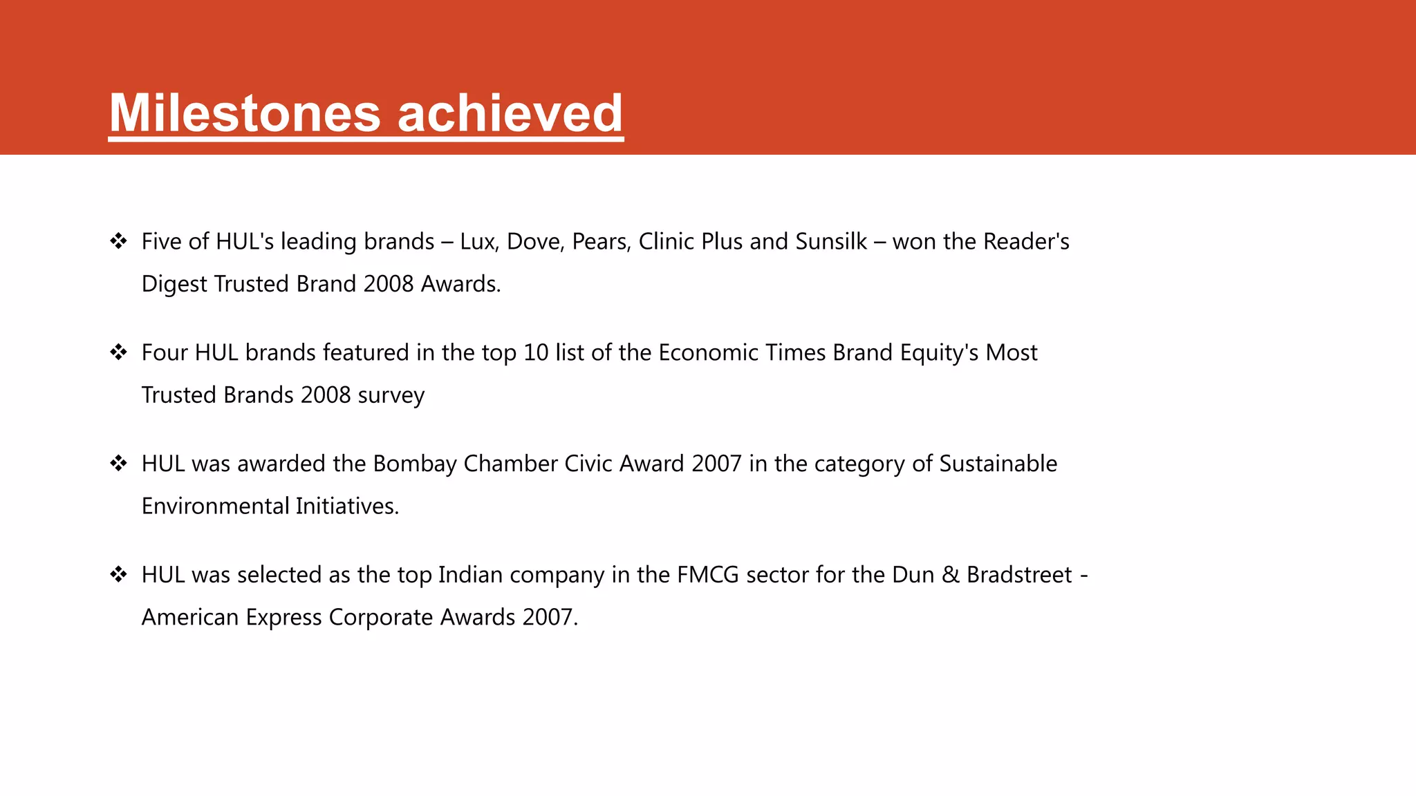 Milestones achieved

 Five of HUL's leading brands – Lux, Dove, Pears, Clinic Plus and Sunsilk – won the Reader's
   Digest Trusted Brand 2008 Awards.

 Four HUL brands featured in the top 10 list of the Economic Times Brand Equity's Most
   Trusted Brands 2008 survey

 HUL was awarded the Bombay Chamber Civic Award 2007 in the category of Sustainable
   Environmental Initiatives.

 HUL was selected as the top Indian company in the FMCG sector for the Dun & Bradstreet -
   American Express Corporate Awards 2007.
 