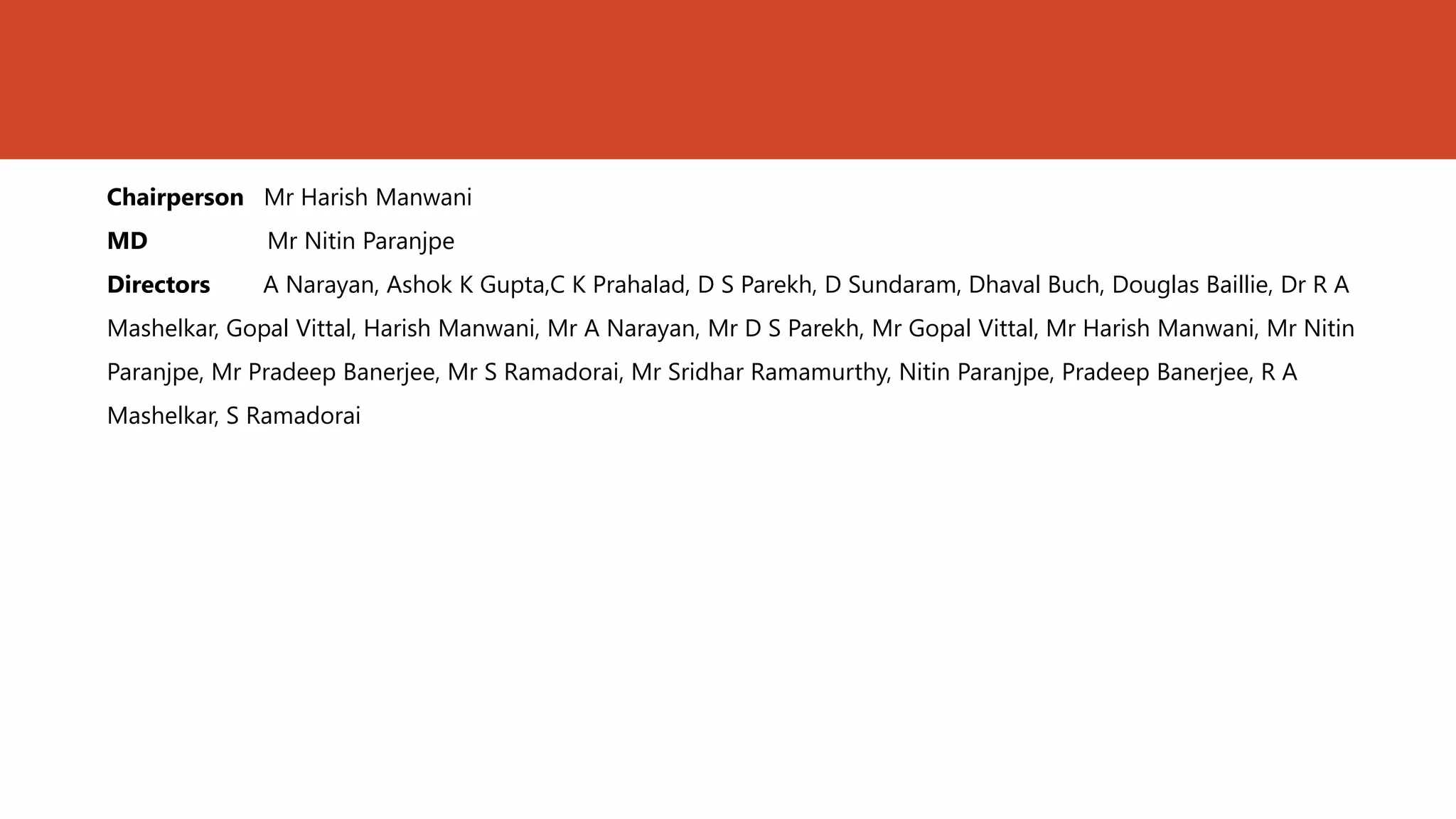 Chairperson Mr Harish Manwani
MD            Mr Nitin Paranjpe
Directors     A Narayan, Ashok K Gupta,C K Prahalad, D S Parekh, D Sundaram, Dhaval Buch, Douglas Baillie, Dr R A
Mashelkar, Gopal Vittal, Harish Manwani, Mr A Narayan, Mr D S Parekh, Mr Gopal Vittal, Mr Harish Manwani, Mr Nitin
Paranjpe, Mr Pradeep Banerjee, Mr S Ramadorai, Mr Sridhar Ramamurthy, Nitin Paranjpe, Pradeep Banerjee, R A
Mashelkar, S Ramadorai
 