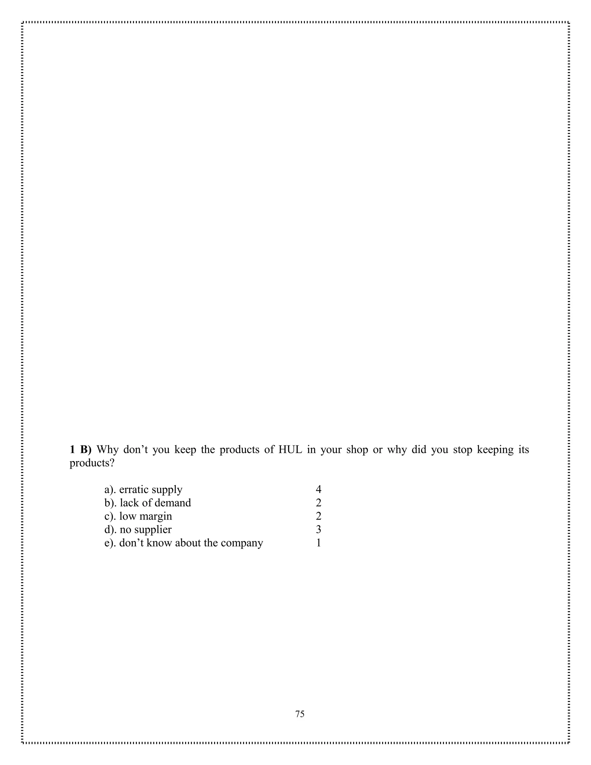 1 B) Why don’t you keep the products of HUL in your shop or why did you stop keeping its
products?

      a). erratic supply                        4
      b). lack of demand                        2
      c). low margin                            2
      d). no supplier                           3
      e). don’t know about the company          1




                                           75
 