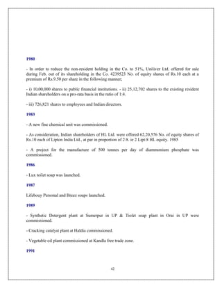 1980

- In order to reduce the non-resident holding in the Co. to 51%, Uniliver Ltd. offered for sale
during Feb. out of its shareholding in the Co. 4239523 No. of equity shares of Rs.10 each at a
premium of Rs.9.50 per share in the following manner;

- i) 10,00,000 shares to public financial institutions. - ii) 25,12,702 shares to the existing resident
Indian shareholders on a pro-rata basis in the ratio of 1:4.

- iii) 726,821 shares to employees and Indian directors.

1983

- A new fine chemical unit was commissioned.

- As consideration, Indian shareholders of HL Ltd. were offered 62,20,576 No. of equity shares of
Rs.10 each of Lipton India Ltd., at par in proportion of 2:8. ie 2 Lipt:8 HL equity. 1985

- A project for the manufacture of 500 tonnes per day of diammonium phosphate was
commissioned.

1986

- Lux toilet soap was launched.

1987

Lifebouy Personal and Breez soaps launched.

1989

- Synthetic Detergent plant at Sumerpur in UP & Tiolet soap plant in Orai in UP were
commissioned.

- Cracking catalyst plant at Haldia commissioned.

- Vegetable oil plant commissioned at Kandla free trade zone.

1991



                                                  42
 