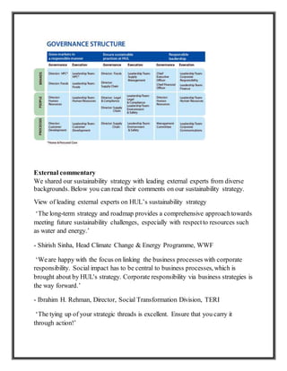 External commentary
We shared our sustainability strategy with leading external experts from diverse
backgrounds. Below you can read their comments on our sustainability strategy.
View of leading external experts on HUL’s sustainability strategy
‘The long-term strategy and roadmap provides a comprehensive approachtowards
meeting future sustainability challenges, especially with respectto resources such
as water and energy.’
- Shirish Sinha, Head Climate Change & Energy Programme, WWF
‘Weare happy with the focus on linking the business processes with corporate
responsibility. Social impact has to be central to business processes, which is
brought about by HUL's strategy. Corporate responsibility via business strategies is
the way forward.’
- Ibrahim H. Rehman, Director, Social Transformation Division, TERI
‘The tying up of your strategic threads is excellent. Ensure that you carry it
through action!’
 
