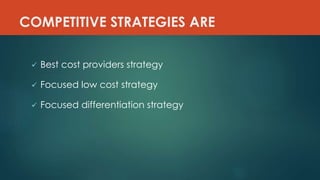 COMPETITIVE STRATEGIES ARE
 Best cost providers strategy
 Focused low cost strategy
 Focused differentiation strategy
 