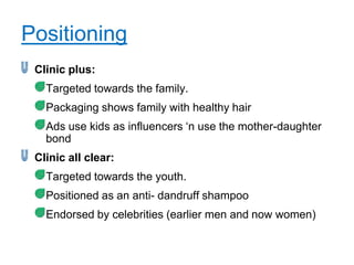 Positioning
 Clinic plus:
   Targeted towards the family.
   Packaging shows family with healthy hair
   Ads use kids as influencers „n use the mother-daughter
   bond
 Clinic all clear:
   Targeted towards the youth.
   Positioned as an anti- dandruff shampoo
   Endorsed by celebrities (earlier men and now women)
 