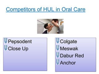 Competitors of HUL in Oral Care




Pepsodent            Colgate
Close Up             Meswak
                     Dabur Red
                     Anchor
 