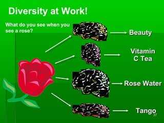 Diversity at Work!
What do you see when you
see a rose?

Beauty
Vitamin
C Tea
Rose Water

Tango
37

 