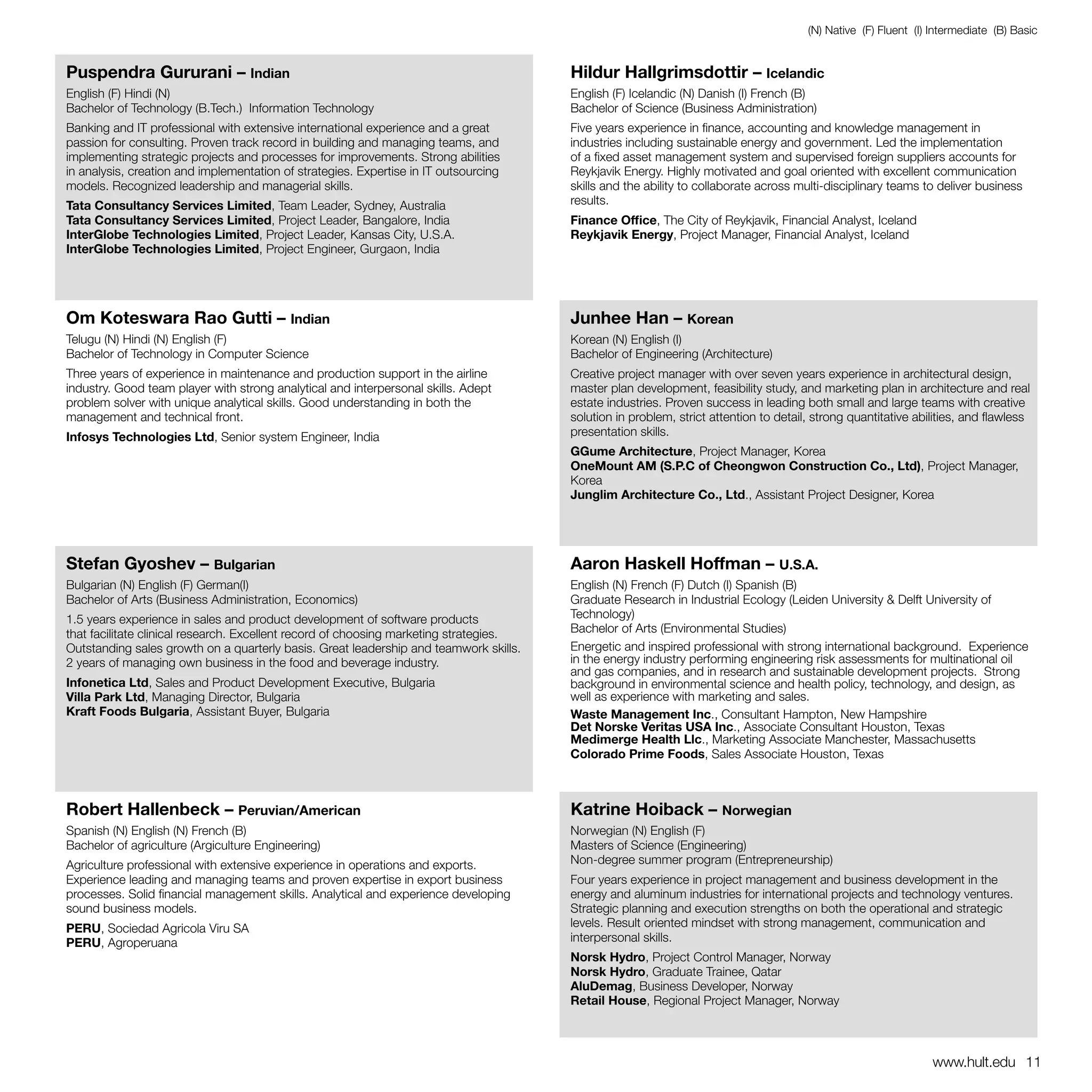 (N) Native (F) Fluent (I) Intermediate (B) Basic


Puspendra Gururani – Indian                                                             Hildur Hallgrimsdottir – Icelandic
English (F) Hindi (N)                                                                   English (F) Icelandic (N) Danish (I) French (B)
Bachelor of Technology (B.Tech.) Information Technology                                 Bachelor of Science (Business Administration)
Banking and IT professional with extensive international experience and a great         Five years experience in finance, accounting and knowledge management in
passion for consulting. Proven track record in building and managing teams, and         industries including sustainable energy and government. Led the implementation
implementing strategic projects and processes for improvements. Strong abilities        of a fixed asset management system and supervised foreign suppliers accounts for
in analysis, creation and implementation of strategies. Expertise in IT outsourcing     Reykjavik Energy. Highly motivated and goal oriented with excellent communication
models. Recognized leadership and managerial skills.                                    skills and the ability to collaborate across multi-disciplinary teams to deliver business
Tata Consultancy Services Limited, Team Leader, Sydney, Australia                       results.
Tata Consultancy Services Limited, Project Leader, Bangalore, India                     Finance Office, The City of Reykjavik, Financial Analyst, Iceland
InterGlobe Technologies Limited, Project Leader, Kansas City, U.S.A.                    Reykjavik Energy, Project Manager, Financial Analyst, Iceland
InterGlobe Technologies Limited, Project Engineer, Gurgaon, India




Om Koteswara Rao Gutti – Indian                                                         Junhee Han – Korean
Telugu (N) Hindi (N) English (F)                                                        Korean (N) English (I)
Bachelor of Technology in Computer Science                                              Bachelor of Engineering (Architecture)
Three years of experience in maintenance and production support in the airline          Creative project manager with over seven years experience in architectural design,
industry. Good team player with strong analytical and interpersonal skills. Adept       master plan development, feasibility study, and marketing plan in architecture and real
problem solver with unique analytical skills. Good understanding in both the            estate industries. Proven success in leading both small and large teams with creative
management and technical front.                                                         solution in problem, strict attention to detail, strong quantitative abilities, and flawless
Infosys Technologies Ltd, Senior system Engineer, India                                 presentation skills.
                                                                                        GGume Architecture, Project Manager, Korea
                                                                                        OneMount AM (S.P.C of Cheongwon Construction Co., Ltd), Project Manager,
                                                                                        Korea
                                                                                        Junglim Architecture Co., Ltd., Assistant Project Designer, Korea




Stefan Gyoshev – Bulgarian                                                              Aaron Haskell Hoffman – U.S.A.
Bulgarian (N) English (F) German(I)                                                     English (N) French (F) Dutch (I) Spanish (B)
Bachelor of Arts (Business Administration, Economics)                                   Graduate Research in Industrial Ecology (Leiden University & Delft University of
1.5 years experience in sales and product development of software products              Technology)
that facilitate clinical research. Excellent record of choosing marketing strategies.   Bachelor of Arts (Environmental Studies)
Outstanding sales growth on a quarterly basis. Great leadership and teamwork skills.    Energetic and inspired professional with strong international background. Experience
2 years of managing own business in the food and beverage industry.                     in the energy industry performing engineering risk assessments for multinational oil
                                                                                        and gas companies, and in research and sustainable development projects. Strong
Infonetica Ltd, Sales and Product Development Executive, Bulgaria                       background in environmental science and health policy, technology, and design, as
Villa Park Ltd, Managing Director, Bulgaria                                             well as experience with marketing and sales.
Kraft Foods Bulgaria, Assistant Buyer, Bulgaria                                         Waste Management Inc., Consultant Hampton, New Hampshire
                                                                                        Det Norske Veritas USA Inc., Associate Consultant Houston, Texas
                                                                                        Medimerge Health Llc., Marketing Associate Manchester, Massachusetts
                                                                                        Colorado Prime Foods, Sales Associate Houston, Texas



Robert Hallenbeck – Peruvian/American                                                   Katrine Hoiback – Norwegian
Spanish (N) English (N) French (B)                                                      Norwegian (N) English (F)
Bachelor of agriculture (Argiculture Engineering)                                       Masters of Science (Engineering)
Agriculture professional with extensive experience in operations and exports.           Non-degree summer program (Entrepreneurship)
Experience leading and managing teams and proven expertise in export business           Four years experience in project management and business development in the
processes. Solid financial management skills. Analytical and experience developing      energy and aluminum industries for international projects and technology ventures.
sound business models.                                                                  Strategic planning and execution strengths on both the operational and strategic
PERU, Sociedad Agricola Viru SA                                                         levels. Result oriented mindset with strong management, communication and
PERU, Agroperuana                                                                       interpersonal skills.
                                                                                        Norsk Hydro, Project Control Manager, Norway
                                                                                        Norsk Hydro, Graduate Trainee, Qatar
                                                                                        AluDemag, Business Developer, Norway
                                                                                        Retail House, Regional Project Manager, Norway



                                                                                                                                                                 www.hult.edu 11
 