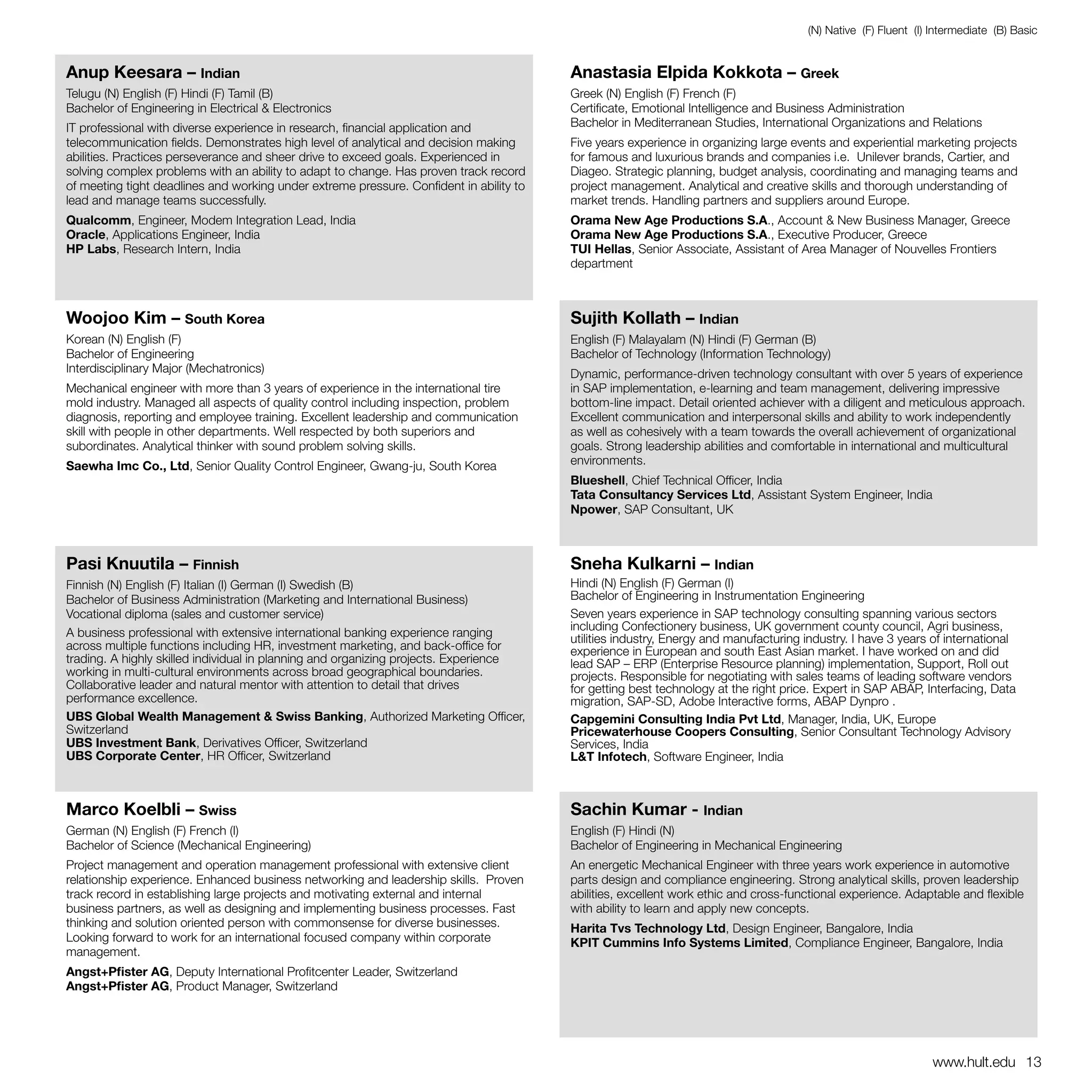 (N) Native (F) Fluent (I) Intermediate (B) Basic


Anup Keesara – Indian                                                                    Anastasia Elpida Kokkota – Greek
Telugu (N) English (F) Hindi (F) Tamil (B)                                               Greek (N) English (F) French (F)
Bachelor of Engineering in Electrical & Electronics                                      Certificate, Emotional Intelligence and Business Administration
IT professional with diverse experience in research, financial application and           Bachelor in Mediterranean Studies, International Organizations and Relations
telecommunication fields. Demonstrates high level of analytical and decision making      Five years experience in organizing large events and experiential marketing projects
abilities. Practices perseverance and sheer drive to exceed goals. Experienced in        for famous and luxurious brands and companies i.e. Unilever brands, Cartier, and
solving complex problems with an ability to adapt to change. Has proven track record     Diageo. Strategic planning, budget analysis, coordinating and managing teams and
of meeting tight deadlines and working under extreme pressure. Confident in ability to   project management. Analytical and creative skills and thorough understanding of
lead and manage teams successfully.                                                      market trends. Handling partners and suppliers around Europe.
Qualcomm, Engineer, Modem Integration Lead, India                                        Orama New Age Productions S.A., Account & New Business Manager, Greece
Oracle, Applications Engineer, India                                                     Orama New Age Productions S.A., Executive Producer, Greece
HP Labs, Research Intern, India                                                          TUI Hellas, Senior Associate, Assistant of Area Manager of Nouvelles Frontiers
                                                                                         department



Woojoo Kim – South Korea                                                                 Sujith Kollath – Indian
Korean (N) English (F)                                                                   English (F) Malayalam (N) Hindi (F) German (B)
Bachelor of Engineering                                                                  Bachelor of Technology (Information Technology)
Interdisciplinary Major (Mechatronics)                                                   Dynamic, performance-driven technology consultant with over 5 years of experience
Mechanical engineer with more than 3 years of experience in the international tire       in SAP implementation, e-learning and team management, delivering impressive
mold industry. Managed all aspects of quality control including inspection, problem      bottom-line impact. Detail oriented achiever with a diligent and meticulous approach.
diagnosis, reporting and employee training. Excellent leadership and communication       Excellent communication and interpersonal skills and ability to work independently
skill with people in other departments. Well respected by both superiors and             as well as cohesively with a team towards the overall achievement of organizational
subordinates. Analytical thinker with sound problem solving skills.                      goals. Strong leadership abilities and comfortable in international and multicultural
Saewha Imc Co., Ltd, Senior Quality Control Engineer, Gwang-ju, South Korea              environments.
                                                                                         Blueshell, Chief Technical Officer, India
                                                                                         Tata Consultancy Services Ltd, Assistant System Engineer, India
                                                                                         Npower, SAP Consultant, UK



Pasi Knuutila – Finnish                                                                  Sneha Kulkarni – Indian
Finnish (N) English (F) Italian (I) German (I) Swedish (B)                               Hindi (N) English (F) German (I)
Bachelor of Business Administration (Marketing and International Business)               Bachelor of Engineering in Instrumentation Engineering
Vocational diploma (sales and customer service)                                          Seven years experience in SAP technology consulting spanning various sectors
                                                                                         including Confectionery business, UK government county council, Agri business,
A business professional with extensive international banking experience ranging          utilities industry, Energy and manufacturing industry. I have 3 years of international
across multiple functions including HR, investment marketing, and back-office for        experience in European and south East Asian market. I have worked on and did
trading. A highly skilled individual in planning and organizing projects. Experience     lead SAP – ERP (Enterprise Resource planning) implementation, Support, Roll out
working in multi-cultural environments across broad geographical boundaries.             projects. Responsible for negotiating with sales teams of leading software vendors
Collaborative leader and natural mentor with attention to detail that drives             for getting best technology at the right price. Expert in SAP ABAP, Interfacing, Data
performance excellence.                                                                  migration, SAP-SD, Adobe Interactive forms, ABAP Dynpro .
UBS Global Wealth Management & Swiss Banking, Authorized Marketing Officer,              Capgemini Consulting India Pvt Ltd, Manager, India, UK, Europe
Switzerland                                                                              Pricewaterhouse Coopers Consulting, Senior Consultant Technology Advisory
UBS Investment Bank, Derivatives Officer, Switzerland                                    Services, India
UBS Corporate Center, HR Officer, Switzerland                                            L&T Infotech, Software Engineer, India



Marco Koelbli – Swiss                                                                    Sachin Kumar - Indian
German (N) English (F) French (I)                                                        English (F) Hindi (N)
Bachelor of Science (Mechanical Engineering)                                             Bachelor of Engineering in Mechanical Engineering
Project management and operation management professional with extensive client           An energetic Mechanical Engineer with three years work experience in automotive
relationship experience. Enhanced business networking and leadership skills. Proven      parts design and compliance engineering. Strong analytical skills, proven leadership
track record in establishing large projects and motivating external and internal         abilities, excellent work ethic and cross-functional experience. Adaptable and flexible
business partners, as well as designing and implementing business processes. Fast        with ability to learn and apply new concepts.
thinking and solution oriented person with commonsense for diverse businesses.           Harita Tvs Technology Ltd, Design Engineer, Bangalore, India
Looking forward to work for an international focused company within corporate            KPIT Cummins Info Systems Limited, Compliance Engineer, Bangalore, India
management.
Angst+Pfister AG, Deputy International Profitcenter Leader, Switzerland
Angst+Pfister AG, Product Manager, Switzerland




                                                                                                                                                                www.hult.edu 13
 