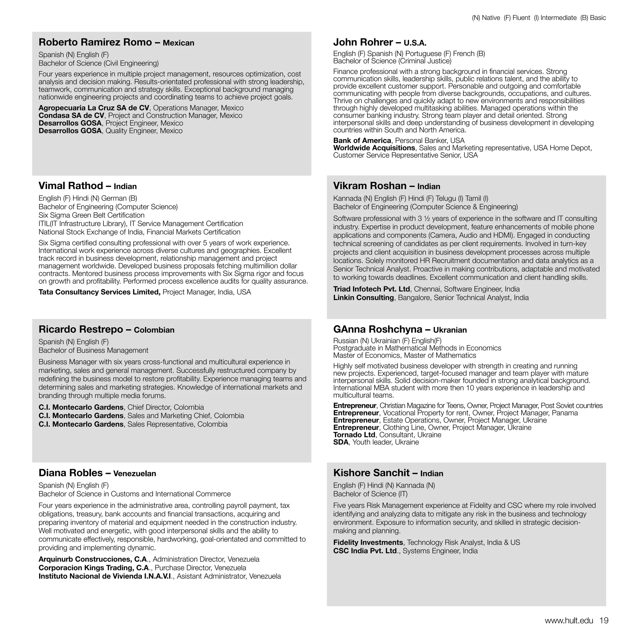 (N) Native (F) Fluent (I) Intermediate (B) Basic


Roberto Ramirez Romo – Mexican                                                            John Rohrer – U.S.A.
Spanish (N) English (F)                                                                   English (F) Spanish (N) Portuguese (F) French (B)
Bachelor of Science (Civil Engineering)                                                   Bachelor of Science (Criminal Justice)
Four years experience in multiple project management, resources optimization, cost        Finance professional with a strong background in financial services. Strong
analysis and decision making. Results-orientated professional with strong leadership,     communication skills, leadership skills, public relations talent, and the ability to
teamwork, communication and strategy skills. Exceptional background managing              provide excellent customer support. Personable and outgoing and comfortable
nationwide engineering projects and coordinating teams to achieve project goals.          communicating with people from diverse backgrounds, occupations, and cultures.
                                                                                          Thrive on challenges and quickly adapt to new environments and responsibilities
Agropecuaria La Cruz SA de CV, Operations Manager, Mexico                                 through highly developed multitasking abilities. Managed operations within the
Condasa SA de CV, Project and Construction Manager, Mexico                                consumer banking industry. Strong team player and detail oriented. Strong
Desarrollos GOSA, Project Engineer, Mexico                                                interpersonal skills and deep understanding of business development in developing
Desarrollos GOSA, Quality Engineer, Mexico                                                countries within South and North America.
                                                                                          Bank of America, Personal Banker, USA
                                                                                          Worldwide Acquisitions, Sales and Marketing representative, USA Home Depot,
                                                                                          Customer Service Representative Senior, USA



Vimal Rathod – Indian                                                                     Vikram Roshan – Indian
English (F) Hindi (N) German (B)                                                          Kannada (N) English (F) Hindi (F) Telugu (I) Tamil (I)
Bachelor of Engineering (Computer Science)                                                Bachelor of Engineering (Computer Science & Engineering)
Six Sigma Green Belt Certification                                                        Software professional with 3 ½ years of experience in the software and IT consulting
ITIL(IT Infrastructure Library), IT Service Management Certification                      industry. Expertise in product development, feature enhancements of mobile phone
National Stock Exchange of India, Financial Markets Certification                         applications and components (Camera, Audio and HDMI). Engaged in conducting
Six Sigma certified consulting professional with over 5 years of work experience.         technical screening of candidates as per client requirements. Involved in turn-key
International work experience across diverse cultures and geographies. Excellent          projects and client acquisition in business development processes across multiple
track record in business development, relationship management and project                 locations. Solely monitored HR Recruitment documentation and data analytics as a
management worldwide. Developed business proposals fetching multimillion dollar           Senior Technical Analyst. Proactive in making contributions, adaptable and motivated
contracts. Mentored business process improvements with Six Sigma rigor and focus
                                                                                          to working towards deadlines. Excellent communication and client handling skills.
on growth and profitability. Performed process excellence audits for quality assurance.
Tata Consultancy Services Limited, Project Manager, India, USA                            Triad Infotech Pvt. Ltd, Chennai, Software Engineer, India
                                                                                          Linkin Consulting, Bangalore, Senior Technical Analyst, India



Ricardo Restrepo – Colombian                                                              GAnna Roshchyna – Ukranian
Spanish (N) English (F)                                                                   Russian (N) Ukrainian (F) English(F)
Bachelor of Business Management                                                           Postgraduate in Mathematical Methods in Economics
                                                                                          Master of Economics, Master of Mathematics
Business Manager with six years cross-functional and multicultural experience in
                                                                                          Highly self motivated business developer with strength in creating and running
marketing, sales and general management. Successfully restructured company by             new projects. Experienced, target-focused manager and team player with mature
redefining the business model to restore profitability. Experience managing teams and     interpersonal skills. Solid decision-maker founded in strong analytical background.
determining sales and marketing strategies. Knowledge of international markets and        International MBA student with more then 10 years experience in leadership and
branding through multiple media forums.                                                   multicultural teams.
C.I. Montecarlo Gardens, Chief Director, Colombia                                         Entrepreneur, Christian Magazine for Teens, Owner, Project Manager, Post Soviet countries
C.I. Montecarlo Gardens, Sales and Marketing Chief, Colombia                              Entrepreneur, Vocational Property for rent, Owner, Project Manager, Panama
                                                                                          Entrepreneur, Estate Operations, Owner, Project Manager, Ukraine
C.I. Montecarlo Gardens, Sales Representative, Colombia                                   Entrepreneur, Clothing Line, Owner, Project Manager, Ukraine
                                                                                          Tornado Ltd, Consultant, Ukraine
                                                                                          SDA, Youth leader, Ukraine



Diana Robles – Venezuelan                                                                 Kishore Sanchit – Indian
Spanish (N) English (F)                                                                   English (F) Hindi (N) Kannada (N)
Bachelor of Science in Customs and International Commerce                                 Bachelor of Science (IT)
Four years experience in the administrative area, controlling payroll payment, tax        Five years Risk Management experience at Fidelity and CSC where my role involved
obligations, treasury, bank accounts and financial transactions, acquiring and            identifying and analyzing data to mitigate any risk in the business and technology
preparing inventory of material and equipment needed in the construction industry.        environment. Exposure to information security, and skilled in strategic decision-
Well motivated and energetic, with good interpersonal skills and the ability to           making and planning.
communicate effectively, responsible, hardworking, goal-orientated and committed to       Fidelity Investments, Technology Risk Analyst, India & US
providing and implementing dynamic.                                                       CSC India Pvt. Ltd., Systems Engineer, India
Arquinurb Construcciones, C.A., Administration Director, Venezuela
Corporacion Kings Trading, C.A., Purchase Director, Venezuela
Instituto Nacional de Vivienda I.N.A.V.I., Asistant Administrator, Venezuela




                                                                                                                                                                 www.hult.edu 19
 