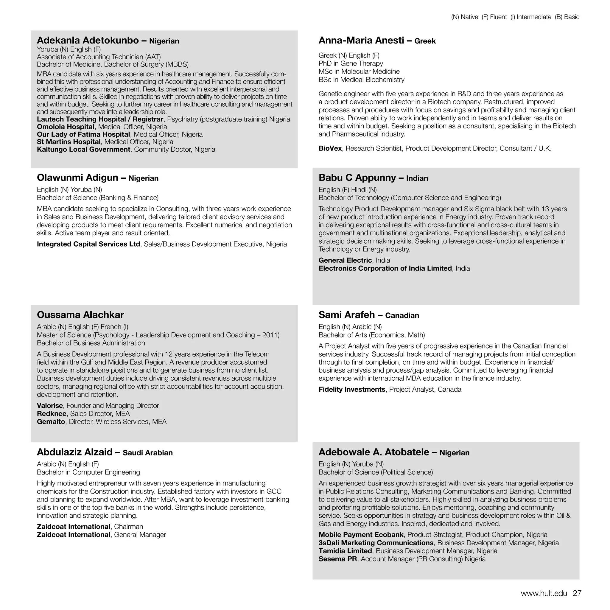 (N) Native (F) Fluent (I) Intermediate (B) Basic


Adekanla Adetokunbo – Nigerian                                                                  Anna-Maria Anesti – Greek
Yoruba (N) English (F)
Associate of Accounting Technician (AAT)                                                        Greek (N) English (F)
Bachelor of Medicine, Bachelor of Surgery (MBBS)                                                PhD in Gene Therapy
MBA candidate with six years experience in healthcare management. Successfully com-             MSc in Molecular Medicine
bined this with professional understanding of Accounting and Finance to ensure efficient        BSc in Medical Biochemistry
and effective business management. Results oriented with excellent interpersonal and
communication skills. Skilled in negotiations with proven ability to deliver projects on time   Genetic engineer with five years experience in R&D and three years experience as
and within budget. Seeking to further my career in healthcare consulting and management         a product development director in a Biotech company. Restructured, improved
and subsequently move into a leadership role.                                                   processes and procedures with focus on savings and profitability and managing client
Lautech Teaching Hospital / Registrar, Psychiatry (postgraduate training) Nigeria               relations. Proven ability to work independently and in teams and deliver results on
Omolola Hospital, Medical Officer, Nigeria                                                      time and within budget. Seeking a position as a consultant, specialising in the Biotech
Our Lady of Fatima Hospital, Medical Officer, Nigeria                                           and Pharmaceutical industry.
St Martins Hospital, Medical Officer, Nigeria
Kaltungo Local Government, Community Doctor, Nigeria                                            BioVex, Research Scientist, Product Development Director, Consultant / U.K.



Olawunmi Adigun – Nigerian                                                                      Babu C Appunny – Indian
English (N) Yoruba (N)                                                                          English (F) Hindi (N)
Bachelor of Science (Banking & Finance)                                                         Bachelor of Technology (Computer Science and Engineering)
MBA candidate seeking to specialize in Consulting, with three years work experience             Technology Product Development manager and Six Sigma black belt with 13 years
in Sales and Business Development, delivering tailored client advisory services and             of new product introduction experience in Energy industry. Proven track record
developing products to meet client requirements. Excellent numerical and negotiation            in delivering exceptional results with cross-functional and cross-cultural teams in
skills. Active team player and result oriented.                                                 government and multinational organizations. Exceptional leadership, analytical and
Integrated Capital Services Ltd, Sales/Business Development Executive, Nigeria                  strategic decision making skills. Seeking to leverage cross-functional experience in
                                                                                                Technology or Energy industry.
                                                                                                General Electric, India
                                                                                                Electronics Corporation of India Limited, India




Oussama Alachkar                                                                                Sami Arafeh – Canadian
Arabic (N) English (F) French (I)                                                               English (N) Arabic (N)
Master of Science (Psychology - Leadership Development and Coaching – 2011)                     Bachelor of Arts (Economics, Math)
Bachelor of Business Administration                                                             A Project Analyst with five years of progressive experience in the Canadian financial
A Business Development professional with 12 years experience in the Telecom                     services industry. Successful track record of managing projects from initial conception
field within the Gulf and Middle East Region. A revenue producer accustomed                     through to final completion, on time and within budget. Experience in financial/
to operate in standalone positions and to generate business from no client list.                business analysis and process/gap analysis. Committed to leveraging financial
Business development duties include driving consistent revenues across multiple                 experience with international MBA education in the finance industry.
sectors, managing regional office with strict accountabilities for account acquisition,         Fidelity Investments, Project Analyst, Canada
development and retention.
Valorise, Founder and Managing Director
Redknee, Sales Director, MEA
Gemalto, Director, Wireless Services, MEA



Abdulaziz Alzaid – Saudi Arabian                                                                Adebowale A. Atobatele – Nigerian
Arabic (N) English (F)                                                                          English (N) Yoruba (N)
Bachelor in Computer Engineering                                                                Bachelor of Science (Political Science)
Highly motivated entrepreneur with seven years experience in manufacturing                      An experienced business growth strategist with over six years managerial experience
chemicals for the Construction industry. Established factory with investors in GCC              in Public Relations Consulting, Marketing Communications and Banking. Committed
and planning to expand worldwide. After MBA, want to leverage investment banking                to delivering value to all stakeholders. Highly skilled in analyzing business problems
skills in one of the top five banks in the world. Strengths include persistence,                and proffering profitable solutions. Enjoys mentoring, coaching and community
innovation and strategic planning.                                                              service. Seeks opportunities in strategy and business development roles within Oil &
Zaidcoat International, Chairman                                                                Gas and Energy industries. Inspired, dedicated and involved.
Zaidcoat International, General Manager                                                         Mobile Payment Ecobank, Product Strategist, Product Champion, Nigeria
                                                                                                3sDali Marketing Communications, Business Development Manager, Nigeria
                                                                                                Tamidia Limited, Business Development Manager, Nigeria
                                                                                                Sesema PR, Account Manager (PR Consulting) Nigeria



                                                                                                                                                                      www.hult.edu 27
 