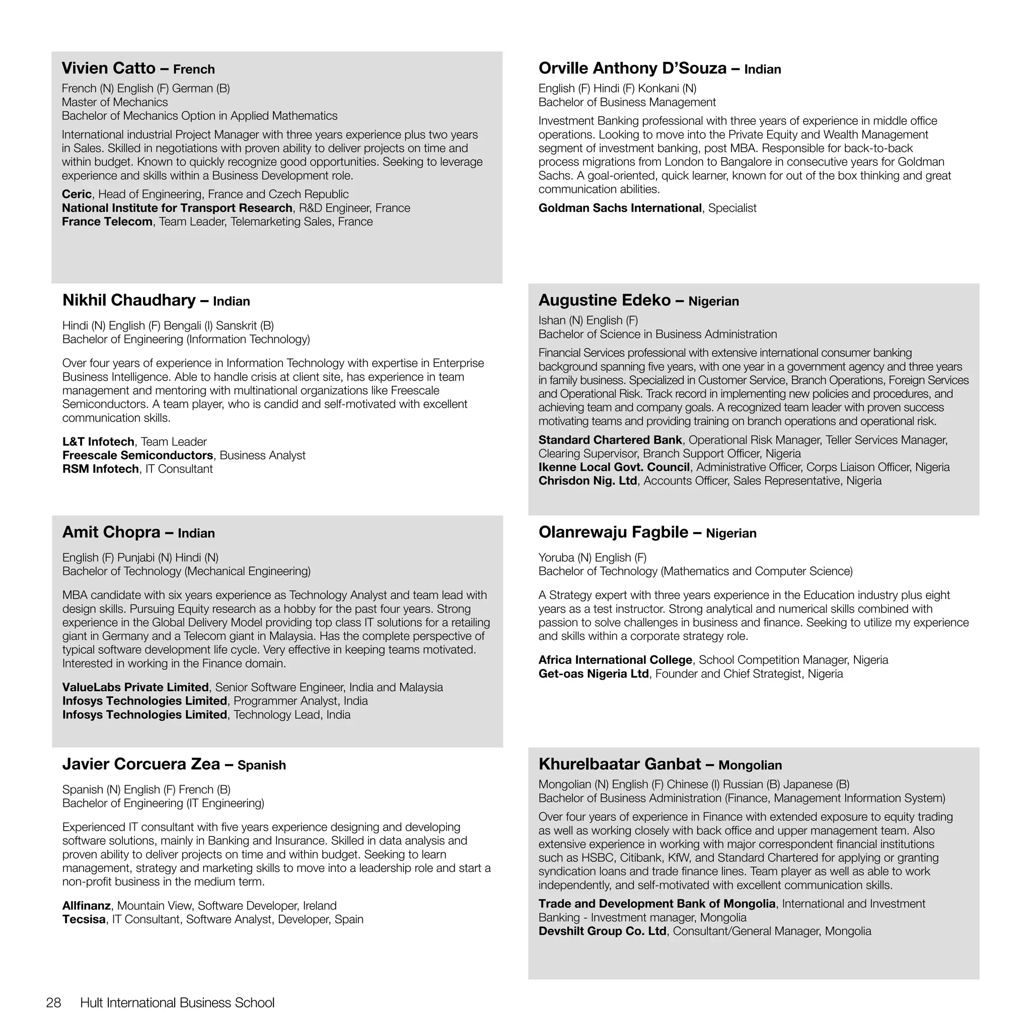 Vivien Catto – French                                                                      Orville Anthony D’Souza – Indian
     French (N) English (F) German (B)                                                          English (F) Hindi (F) Konkani (N)
     Master of Mechanics                                                                        Bachelor of Business Management
     Bachelor of Mechanics Option in Applied Mathematics                                        Investment Banking professional with three years of experience in middle office
     International industrial Project Manager with three years experience plus two years        operations. Looking to move into the Private Equity and Wealth Management
     in Sales. Skilled in negotiations with proven ability to deliver projects on time and      segment of investment banking, post MBA. Responsible for back-to-back
     within budget. Known to quickly recognize good opportunities. Seeking to leverage          process migrations from London to Bangalore in consecutive years for Goldman
     experience and skills within a Business Development role.                                  Sachs. A goal-oriented, quick learner, known for out of the box thinking and great
     Ceric, Head of Engineering, France and Czech Republic                                      communication abilities.
     National Institute for Transport Research, R&D Engineer, France                            Goldman Sachs International, Specialist
     France Telecom, Team Leader, Telemarketing Sales, France




     Nikhil Chaudhary – Indian                                                                  Augustine Edeko – Nigerian
     Hindi (N) English (F) Bengali (I) Sanskrit (B)                                             Ishan (N) English (F)
     Bachelor of Engineering (Information Technology)                                           Bachelor of Science in Business Administration
                                                                                                Financial Services professional with extensive international consumer banking
     Over four years of experience in Information Technology with expertise in Enterprise       background spanning five years, with one year in a government agency and three years
     Business Intelligence. Able to handle crisis at client site, has experience in team        in family business. Specialized in Customer Service, Branch Operations, Foreign Services
     management and mentoring with multinational organizations like Freescale                   and Operational Risk. Track record in implementing new policies and procedures, and
     Semiconductors. A team player, who is candid and self-motivated with excellent             achieving team and company goals. A recognized team leader with proven success
     communication skills.                                                                      motivating teams and providing training on branch operations and operational risk.
     L&T Infotech, Team Leader                                                                  Standard Chartered Bank, Operational Risk Manager, Teller Services Manager,
     Freescale Semiconductors, Business Analyst                                                 Clearing Supervisor, Branch Support Officer, Nigeria
     RSM Infotech, IT Consultant                                                                Ikenne Local Govt. Council, Administrative Officer, Corps Liaison Officer, Nigeria
                                                                                                Chrisdon Nig. Ltd, Accounts Officer, Sales Representative, Nigeria



     Amit Chopra – Indian                                                                       Olanrewaju Fagbile – Nigerian
     English (F) Punjabi (N) Hindi (N)                                                          Yoruba (N) English (F)
     Bachelor of Technology (Mechanical Engineering)                                            Bachelor of Technology (Mathematics and Computer Science)

     MBA candidate with six years experience as Technology Analyst and team lead with           A Strategy expert with three years experience in the Education industry plus eight
     design skills. Pursuing Equity research as a hobby for the past four years. Strong         years as a test instructor. Strong analytical and numerical skills combined with
     experience in the Global Delivery Model providing top class IT solutions for a retailing   passion to solve challenges in business and finance. Seeking to utilize my experience
     giant in Germany and a Telecom giant in Malaysia. Has the complete perspective of          and skills within a corporate strategy role.
     typical software development life cycle. Very effective in keeping teams motivated.
     Interested in working in the Finance domain.                                               Africa International College, School Competition Manager, Nigeria
                                                                                                Get-oas Nigeria Ltd, Founder and Chief Strategist, Nigeria
     ValueLabs Private Limited, Senior Software Engineer, India and Malaysia
     Infosys Technologies Limited, Programmer Analyst, India
     Infosys Technologies Limited, Technology Lead, India



     Javier Corcuera Zea – Spanish                                                              Khurelbaatar Ganbat – Mongolian
     Spanish (N) English (F) French (B)                                                         Mongolian (N) English (F) Chinese (I) Russian (B) Japanese (B)
     Bachelor of Engineering (IT Engineering)                                                   Bachelor of Business Administration (Finance, Management Information System)
                                                                                                Over four years of experience in Finance with extended exposure to equity trading
     Experienced IT consultant with five years experience designing and developing              as well as working closely with back office and upper management team. Also
     software solutions, mainly in Banking and Insurance. Skilled in data analysis and          extensive experience in working with major correspondent financial institutions
     proven ability to deliver projects on time and within budget. Seeking to learn             such as HSBC, Citibank, KfW, and Standard Chartered for applying or granting
     management, strategy and marketing skills to move into a leadership role and start a       syndication loans and trade finance lines. Team player as well as able to work
     non-profit business in the medium term.                                                    independently, and self-motivated with excellent communication skills.
     Allfinanz, Mountain View, Software Developer, Ireland                                      Trade and Development Bank of Mongolia, International and Investment
     Tecsisa, IT Consultant, Software Analyst, Developer, Spain                                 Banking - Investment manager, Mongolia
                                                                                                Devshilt Group Co. Ltd, Consultant/General Manager, Mongolia




28      Hult International Business School
 