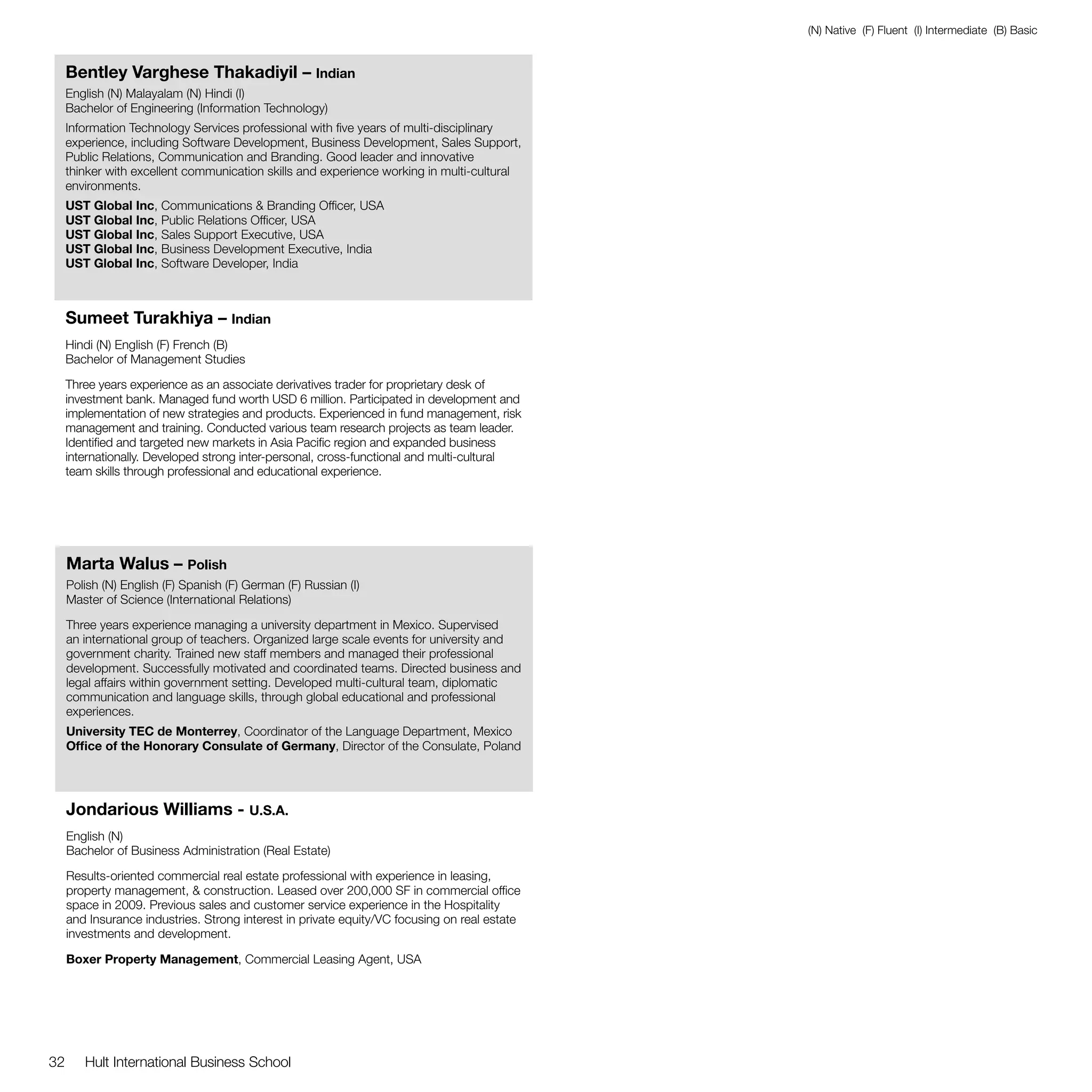 (N) Native (F) Fluent (I) Intermediate (B) Basic


     Bentley Varghese Thakadiyil – Indian
     English (N) Malayalam (N) Hindi (I)
     Bachelor of Engineering (Information Technology)
     Information Technology Services professional with five years of multi-disciplinary
     experience, including Software Development, Business Development, Sales Support,
     Public Relations, Communication and Branding. Good leader and innovative
     thinker with excellent communication skills and experience working in multi-cultural
     environments.
     UST Global Inc, Communications & Branding Officer, USA
     UST Global Inc, Public Relations Officer, USA
     UST Global Inc, Sales Support Executive, USA
     UST Global Inc, Business Development Executive, India
     UST Global Inc, Software Developer, India



     Sumeet Turakhiya – Indian
     Hindi (N) English (F) French (B)
     Bachelor of Management Studies

     Three years experience as an associate derivatives trader for proprietary desk of
     investment bank. Managed fund worth USD 6 million. Participated in development and
     implementation of new strategies and products. Experienced in fund management, risk
     management and training. Conducted various team research projects as team leader.
     Identified and targeted new markets in Asia Pacific region and expanded business
     internationally. Developed strong inter-personal, cross-functional and multi-cultural
     team skills through professional and educational experience.




     Marta Walus – Polish
     Polish (N) English (F) Spanish (F) German (F) Russian (I)
     Master of Science (International Relations)

     Three years experience managing a university department in Mexico. Supervised
     an international group of teachers. Organized large scale events for university and
     government charity. Trained new staff members and managed their professional
     development. Successfully motivated and coordinated teams. Directed business and
     legal affairs within government setting. Developed multi-cultural team, diplomatic
     communication and language skills, through global educational and professional
     experiences.
     University TEC de Monterrey, Coordinator of the Language Department, Mexico
     Office of the Honorary Consulate of Germany, Director of the Consulate, Poland




     Jondarious Williams - U.S.A.
     English (N)
     Bachelor of Business Administration (Real Estate)

     Results-oriented commercial real estate professional with experience in leasing,
     property management, & construction. Leased over 200,000 SF in commercial office
     space in 2009. Previous sales and customer service experience in the Hospitality
     and Insurance industries. Strong interest in private equity/VC focusing on real estate
     investments and development.

     Boxer Property Management, Commercial Leasing Agent, USA




32      Hult International Business School
 