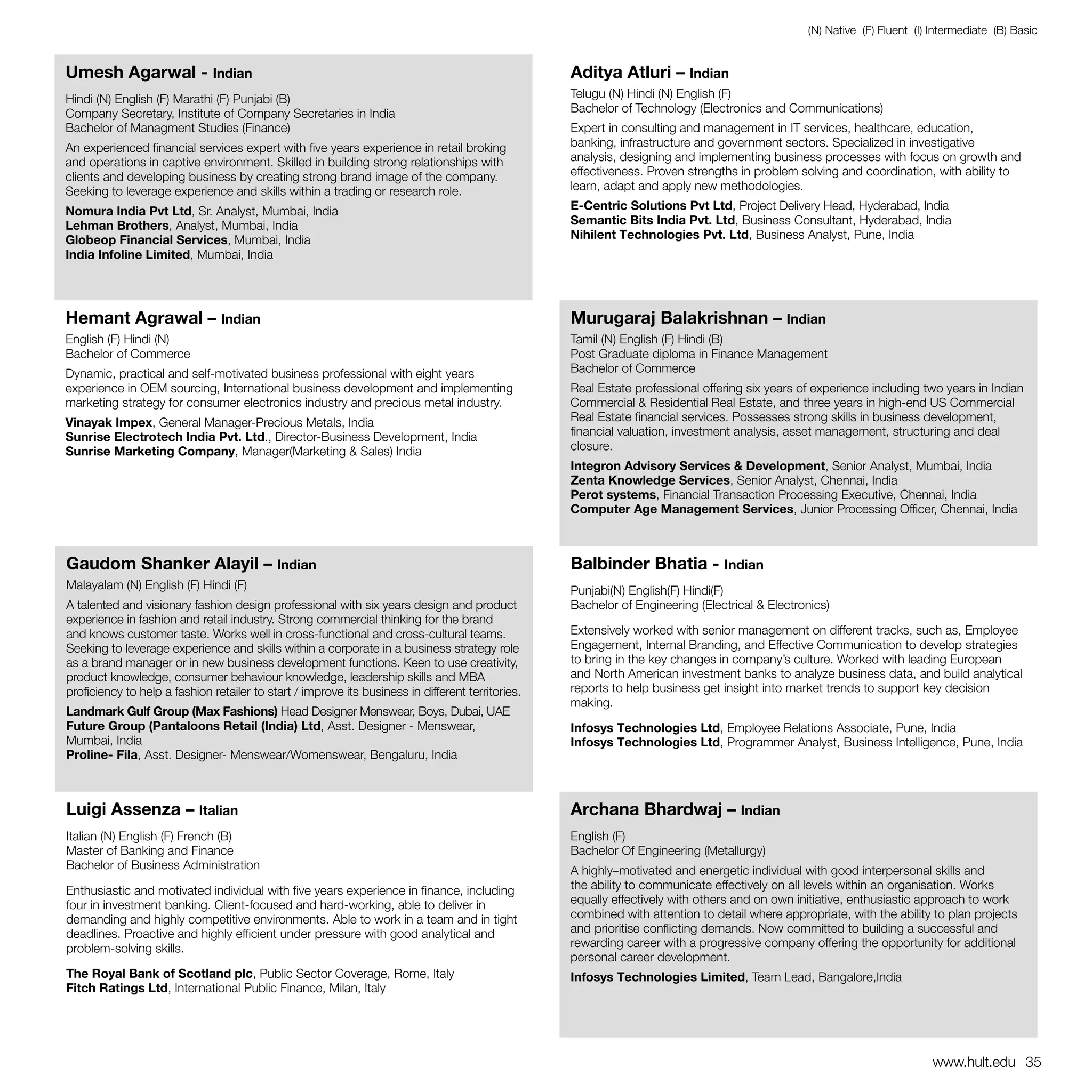 (N) Native (F) Fluent (I) Intermediate (B) Basic


Umesh Agarwal - Indian                                                                             Aditya Atluri – Indian
Hindi (N) English (F) Marathi (F) Punjabi (B)                                                      Telugu (N) Hindi (N) English (F)
Company Secretary, Institute of Company Secretaries in India                                       Bachelor of Technology (Electronics and Communications)
Bachelor of Managment Studies (Finance)                                                            Expert in consulting and management in IT services, healthcare, education,
An experienced financial services expert with five years experience in retail broking              banking, infrastructure and government sectors. Specialized in investigative
and operations in captive environment. Skilled in building strong relationships with               analysis, designing and implementing business processes with focus on growth and
clients and developing business by creating strong brand image of the company.                     effectiveness. Proven strengths in problem solving and coordination, with ability to
Seeking to leverage experience and skills within a trading or research role.                       learn, adapt and apply new methodologies.

Nomura India Pvt Ltd, Sr. Analyst, Mumbai, India                                                   E-Centric Solutions Pvt Ltd, Project Delivery Head, Hyderabad, India
Lehman Brothers, Analyst, Mumbai, India                                                            Semantic Bits India Pvt. Ltd, Business Consultant, Hyderabad, India
Globeop Financial Services, Mumbai, India                                                          Nihilent Technologies Pvt. Ltd, Business Analyst, Pune, India
India Infoline Limited, Mumbai, India




Hemant Agrawal – Indian                                                                            Murugaraj Balakrishnan – Indian
English (F) Hindi (N)                                                                              Tamil (N) English (F) Hindi (B)
Bachelor of Commerce                                                                               Post Graduate diploma in Finance Management
Dynamic, practical and self-motivated business professional with eight years                       Bachelor of Commerce
experience in OEM sourcing, International business development and implementing                    Real Estate professional offering six years of experience including two years in Indian
marketing strategy for consumer electronics industry and precious metal industry.                  Commercial & Residential Real Estate, and three years in high-end US Commercial
Vinayak Impex, General Manager-Precious Metals, India                                              Real Estate financial services. Possesses strong skills in business development,
Sunrise Electrotech India Pvt. Ltd., Director-Business Development, India                          financial valuation, investment analysis, asset management, structuring and deal
Sunrise Marketing Company, Manager(Marketing & Sales) India                                        closure.
                                                                                                   Integron Advisory Services & Development, Senior Analyst, Mumbai, India
                                                                                                   Zenta Knowledge Services, Senior Analyst, Chennai, India
                                                                                                   Perot systems, Financial Transaction Processing Executive, Chennai, India
                                                                                                   Computer Age Management Services, Junior Processing Officer, Chennai, India



Gaudom Shanker Alayil – Indian                                                                     Balbinder Bhatia - Indian
Malayalam (N) English (F) Hindi (F)                                                                Punjabi(N) English(F) Hindi(F)
A talented and visionary fashion design professional with six years design and product             Bachelor of Engineering (Electrical & Electronics)
experience in fashion and retail industry. Strong commercial thinking for the brand
and knows customer taste. Works well in cross-functional and cross-cultural teams.                 Extensively worked with senior management on different tracks, such as, Employee
Seeking to leverage experience and skills within a corporate in a business strategy role           Engagement, Internal Branding, and Effective Communication to develop strategies
as a brand manager or in new business development functions. Keen to use creativity,               to bring in the key changes in company’s culture. Worked with leading European
product knowledge, consumer behaviour knowledge, leadership skills and MBA                         and North American investment banks to analyze business data, and build analytical
proficiency to help a fashion retailer to start / improve its business in different territories.   reports to help business get insight into market trends to support key decision
                                                                                                   making.
Landmark Gulf Group (Max Fashions) Head Designer Menswear, Boys, Dubai, UAE
Future Group (Pantaloons Retail (India) Ltd, Asst. Designer - Menswear,                            Infosys Technologies Ltd, Employee Relations Associate, Pune, India
Mumbai, India                                                                                      Infosys Technologies Ltd, Programmer Analyst, Business Intelligence, Pune, India
Proline- Fila, Asst. Designer- Menswear/Womenswear, Bengaluru, India



Luigi Assenza – Italian                                                                            Archana Bhardwaj – Indian
Italian (N) English (F) French (B)                                                                 English (F)
Master of Banking and Finance                                                                      Bachelor Of Engineering (Metallurgy)
Bachelor of Business Administration                                                                A highly–motivated and energetic individual with good interpersonal skills and
Enthusiastic and motivated individual with five years experience in finance, including             the ability to communicate effectively on all levels within an organisation. Works
four in investment banking. Client-focused and hard-working, able to deliver in                    equally effectively with others and on own initiative, enthusiastic approach to work
demanding and highly competitive environments. Able to work in a team and in tight                 combined with attention to detail where appropriate, with the ability to plan projects
deadlines. Proactive and highly efficient under pressure with good analytical and                  and prioritise conflicting demands. Now committed to building a successful and
problem-solving skills.                                                                            rewarding career with a progressive company offering the opportunity for additional
                                                                                                   personal career development.
The Royal Bank of Scotland plc, Public Sector Coverage, Rome, Italy                                Infosys Technologies Limited, Team Lead, Bangalore,India
Fitch Ratings Ltd, International Public Finance, Milan, Italy




                                                                                                                                                                          www.hult.edu 35
 