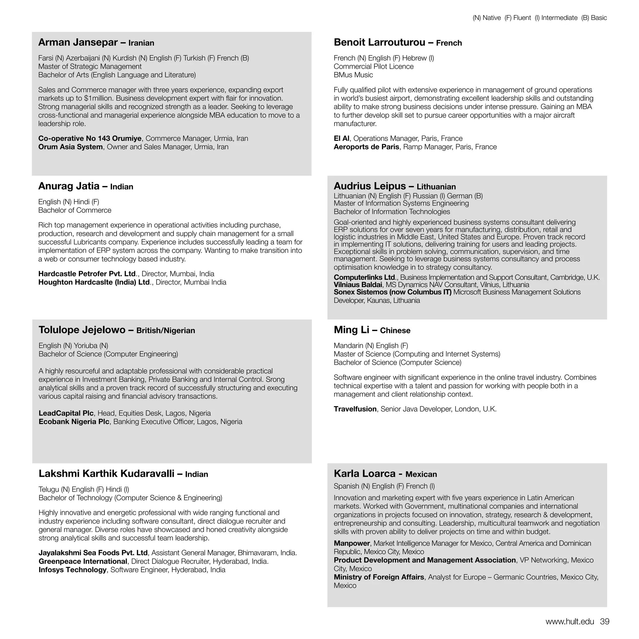 (N) Native (F) Fluent (I) Intermediate (B) Basic


Arman Jansepar – Iranian                                                                Benoit Larrouturou – French
Farsi (N) Azerbaijani (N) Kurdish (N) English (F) Turkish (F) French (B)                French (N) English (F) Hebrew (I)
Master of Strategic Management                                                          Commercial Pilot Licence
Bachelor of Arts (English Language and Literature)                                      BMus Music

Sales and Commerce manager with three years experience, expanding export                Fully qualified pilot with extensive experience in management of ground operations
markets up to $1million. Business development expert with flair for innovation.         in world’s busiest airport, demonstrating excellent leadership skills and outstanding
Strong managerial skills and recognized strength as a leader. Seeking to leverage       ability to make strong business decisions under intense pressure. Gaining an MBA
cross-functional and managerial experience alongside MBA education to move to a         to further develop skill set to pursue career opportunities with a major aircraft
leadership role.                                                                        manufacturer.

Co-operative No 143 Orumiye, Commerce Manager, Urmia, Iran                              El Al, Operations Manager, Paris, France
Orum Asia System, Owner and Sales Manager, Urmia, Iran                                  Aeroports de Paris, Ramp Manager, Paris, France




Anurag Jatia – Indian                                                                   Audrius Leipus – Lithuanian
                                                                                        Lithuanian (N) English (F) Russian (I) German (B)
English (N) Hindi (F)                                                                   Master of Information Systems Engineering
Bachelor of Commerce                                                                    Bachelor of Information Technologies
Rich top management experience in operational activities including purchase,            Goal-oriented and highly experienced business systems consultant delivering
                                                                                        ERP solutions for over seven years for manufacturing, distribution, retail and
production, research and development and supply chain management for a small            logistic industries in Middle East, United States and Europe. Proven track record
successful Lubricants company. Experience includes successfully leading a team for      in implementing IT solutions, delivering training for users and leading projects.
implementation of ERP system across the company. Wanting to make transition into        Exceptional skills in problem solving, communication, supervision, and time
a web or consumer technology based industry.                                            management. Seeking to leverage business systems consultancy and process
                                                                                        optimisation knowledge in to strategy consultancy.
Hardcastle Petrofer Pvt. Ltd., Director, Mumbai, India                                  Computerlinks Ltd., Business Implementation and Support Consultant, Cambridge, U.K.
Houghton Hardcaslte (India) Ltd., Director, Mumbai India                                Vilniaus Baldai, MS Dynamics NAV Consultant, Vilnius, Lithuania
                                                                                        Sonex Sistemos (now Columbus IT) Microsoft Business Management Solutions
                                                                                        Developer, Kaunas, Lithuania



Tolulope Jejelowo – British/Nigerian                                                    Ming Li – Chinese
English (N) Yoriuba (N)                                                                 Mandarin (N) English (F)
Bachelor of Science (Computer Engineering)                                              Master of Science (Computing and Internet Systems)
                                                                                        Bachelor of Science (Computer Science)
A highly resourceful and adaptable professional with considerable practical
experience in Investment Banking, Private Banking and Internal Control. Srong           Software engineer with significant experience in the online travel industry. Combines
analytical skills and a proven track record of successfully structuring and executing   technical expertise with a talent and passion for working with people both in a
various capital raising and financial advisory transactions.                            management and client relationship context.

                                                                                        Travelfusion, Senior Java Developer, London, U.K.
LeadCapital Plc, Head, Equities Desk, Lagos, Nigeria
Ecobank Nigeria Plc, Banking Executive Officer, Lagos, Nigeria




Lakshmi Karthik Kudaravalli – Indian                                                    Karla Loarca - Mexican
Telugu (N) English (F) Hindi (I)                                                        Spanish (N) English (F) French (I)
Bachelor of Technology (Computer Science & Engineering)                                 Innovation and marketing expert with five years experience in Latin American
                                                                                        markets. Worked with Government, multinational companies and international
Highly innovative and energetic professional with wide ranging functional and           organizations in projects focused on innovation, strategy, research & development,
industry experience including software consultant, direct dialogue recruiter and        entrepreneurship and consulting. Leadership, multicultural teamwork and negotiation
general manager. Diverse roles have showcased and honed creativity alongside            skills with proven ability to deliver projects on time and within budget.
strong analytical skills and successful team leadership.
                                                                                        Manpower, Market Intelligence Manager for Mexico, Central America and Dominican
Jayalakshmi Sea Foods Pvt. Ltd, Assistant General Manager, Bhimavaram, India.           Republic, Mexico City, Mexico
Greenpeace International, Direct Dialogue Recruiter, Hyderabad, India.                  Product Development and Management Association, VP Networking, Mexico
Infosys Technology, Software Engineer, Hyderabad, India                                 City, Mexico
                                                                                        Ministry of Foreign Affairs, Analyst for Europe – Germanic Countries, Mexico City,
                                                                                        Mexico



                                                                                                                                                               www.hult.edu 39
 