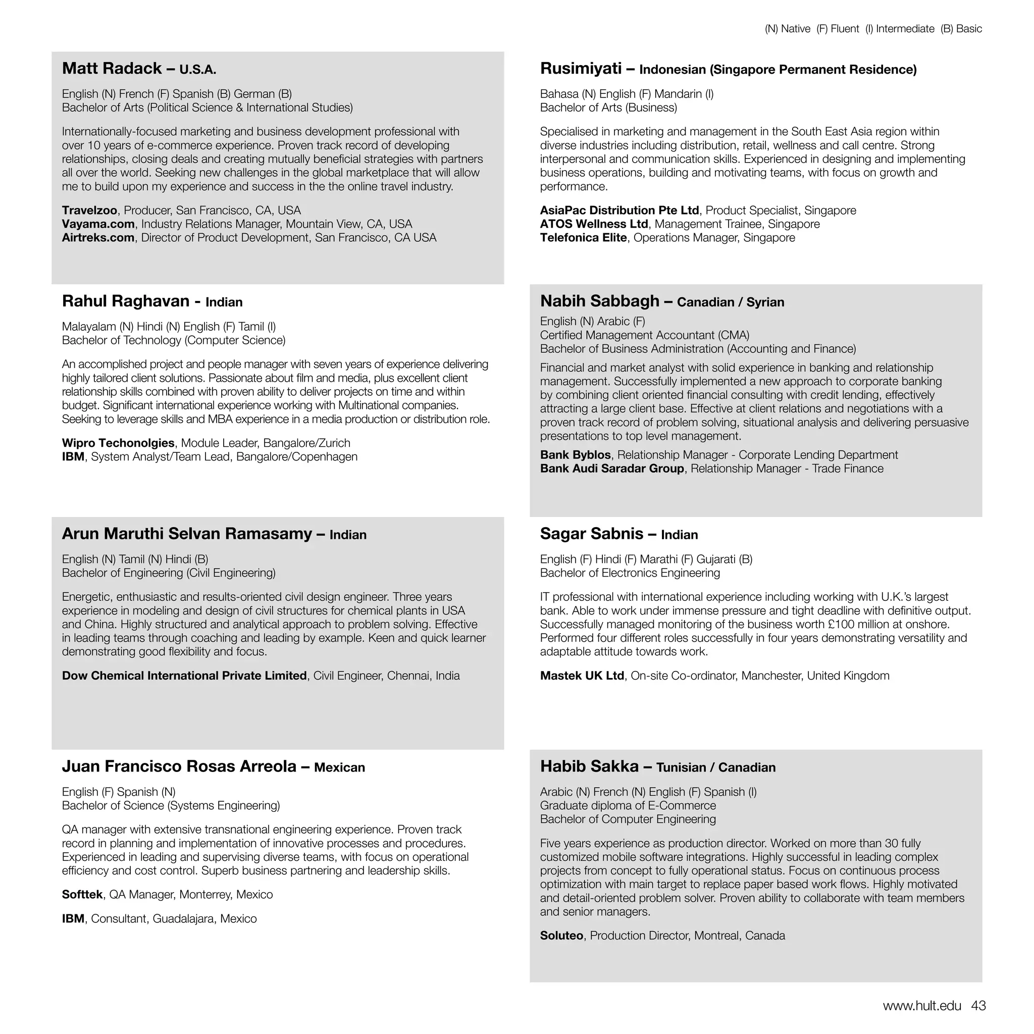 (N) Native (F) Fluent (I) Intermediate (B) Basic


Matt Radack – U.S.A.                                                                        Rusimiyati – Indonesian (Singapore Permanent Residence)
English (N) French (F) Spanish (B) German (B)                                               Bahasa (N) English (F) Mandarin (I)
Bachelor of Arts (Political Science & International Studies)                                Bachelor of Arts (Business)

Internationally-focused marketing and business development professional with                Specialised in marketing and management in the South East Asia region within
over 10 years of e-commerce experience. Proven track record of developing                   diverse industries including distribution, retail, wellness and call centre. Strong
relationships, closing deals and creating mutually beneficial strategies with partners      interpersonal and communication skills. Experienced in designing and implementing
all over the world. Seeking new challenges in the global marketplace that will allow        business operations, building and motivating teams, with focus on growth and
me to build upon my experience and success in the the online travel industry.               performance.

Travelzoo, Producer, San Francisco, CA, USA                                                 AsiaPac Distribution Pte Ltd, Product Specialist, Singapore
Vayama.com, Industry Relations Manager, Mountain View, CA, USA                              ATOS Wellness Ltd, Management Trainee, Singapore
Airtreks.com, Director of Product Development, San Francisco, CA USA                        Telefonica Elite, Operations Manager, Singapore




Rahul Raghavan - Indian                                                                     Nabih Sabbagh – Canadian / Syrian
Malayalam (N) Hindi (N) English (F) Tamil (I)                                               English (N) Arabic (F)
Bachelor of Technology (Computer Science)                                                   Certified Management Accountant (CMA)
                                                                                            Bachelor of Business Administration (Accounting and Finance)
An accomplished project and people manager with seven years of experience delivering        Financial and market analyst with solid experience in banking and relationship
highly tailored client solutions. Passionate about film and media, plus excellent client    management. Successfully implemented a new approach to corporate banking
relationship skills combined with proven ability to deliver projects on time and within     by combining client oriented financial consulting with credit lending, effectively
budget. Significant international experience working with Multinational companies.          attracting a large client base. Effective at client relations and negotiations with a
Seeking to leverage skills and MBA experience in a media production or distribution role.   proven track record of problem solving, situational analysis and delivering persuasive
                                                                                            presentations to top level management.
Wipro Techonolgies, Module Leader, Bangalore/Zurich
IBM, System Analyst/Team Lead, Bangalore/Copenhagen                                         Bank Byblos, Relationship Manager - Corporate Lending Department
                                                                                            Bank Audi Saradar Group, Relationship Manager - Trade Finance




Arun Maruthi Selvan Ramasamy – Indian                                                       Sagar Sabnis – Indian
English (N) Tamil (N) Hindi (B)                                                             English (F) Hindi (F) Marathi (F) Gujarati (B)
Bachelor of Engineering (Civil Engineering)                                                 Bachelor of Electronics Engineering

Energetic, enthusiastic and results-oriented civil design engineer. Three years             IT professional with international experience including working with U.K.’s largest
experience in modeling and design of civil structures for chemical plants in USA            bank. Able to work under immense pressure and tight deadline with definitive output.
and China. Highly structured and analytical approach to problem solving. Effective          Successfully managed monitoring of the business worth £100 million at onshore.
in leading teams through coaching and leading by example. Keen and quick learner            Performed four different roles successfully in four years demonstrating versatility and
demonstrating good flexibility and focus.                                                   adaptable attitude towards work.

Dow Chemical International Private Limited, Civil Engineer, Chennai, India                  Mastek UK Ltd, On-site Co-ordinator, Manchester, United Kingdom




Juan Francisco Rosas Arreola – Mexican                                                      Habib Sakka – Tunisian / Canadian
English (F) Spanish (N)                                                                     Arabic (N) French (N) English (F) Spanish (I)
Bachelor of Science (Systems Engineering)                                                   Graduate diploma of E-Commerce
                                                                                            Bachelor of Computer Engineering
QA manager with extensive transnational engineering experience. Proven track
record in planning and implementation of innovative processes and procedures.               Five years experience as production director. Worked on more than 30 fully
Experienced in leading and supervising diverse teams, with focus on operational             customized mobile software integrations. Highly successful in leading complex
efficiency and cost control. Superb business partnering and leadership skills.              projects from concept to fully operational status. Focus on continuous process
                                                                                            optimization with main target to replace paper based work flows. Highly motivated
Softtek, QA Manager, Monterrey, Mexico                                                      and detail-oriented problem solver. Proven ability to collaborate with team members
                                                                                            and senior managers.
IBM, Consultant, Guadalajara, Mexico
                                                                                            Soluteo, Production Director, Montreal, Canada




                                                                                                                                                                       www.hult.edu 43
 
