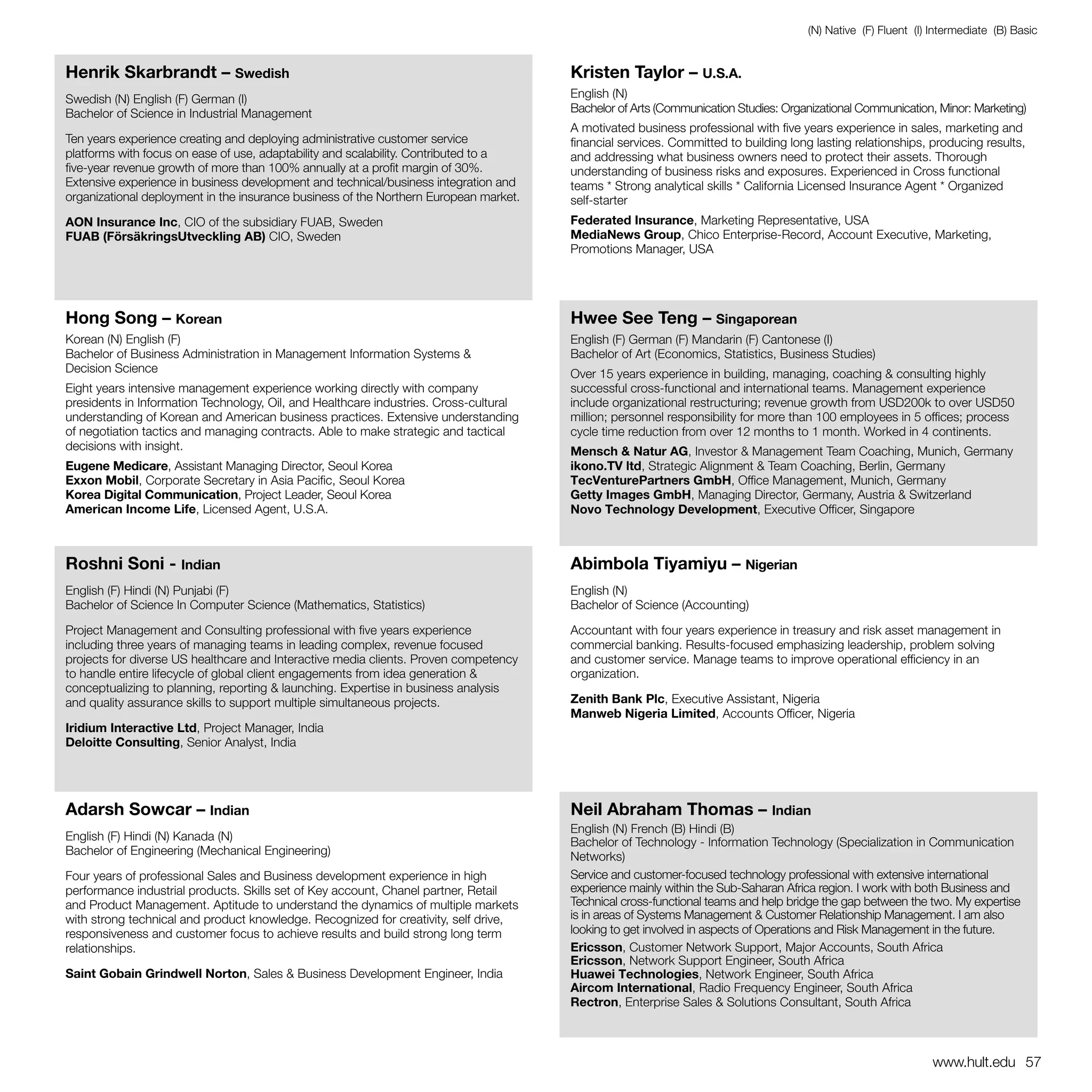(N) Native (F) Fluent (I) Intermediate (B) Basic


Henrik Skarbrandt – Swedish                                                            Kristen Taylor – U.S.A.
Swedish (N) English (F) German (I)                                                     English (N)
Bachelor of Science in Industrial Management                                           Bachelor of Arts (Communication Studies: Organizational Communication, Minor: Marketing)
                                                                                       A motivated business professional with five years experience in sales, marketing and
Ten years experience creating and deploying administrative customer service            financial services. Committed to building long lasting relationships, producing results,
platforms with focus on ease of use, adaptability and scalability. Contributed to a    and addressing what business owners need to protect their assets. Thorough
five-year revenue growth of more than 100% annually at a profit margin of 30%.         understanding of business risks and exposures. Experienced in Cross functional
Extensive experience in business development and technical/business integration and    teams * Strong analytical skills * California Licensed Insurance Agent * Organized
organizational deployment in the insurance business of the Northern European market.   self-starter
AON Insurance Inc, CIO of the subsidiary FUAB, Sweden                                  Federated Insurance, Marketing Representative, USA
FUAB (FörsäkringsUtveckling AB) CIO, Sweden                                            MediaNews Group, Chico Enterprise-Record, Account Executive, Marketing,
                                                                                       Promotions Manager, USA




Hong Song – Korean                                                                     Hwee See Teng – Singaporean
Korean (N) English (F)                                                                 English (F) German (F) Mandarin (F) Cantonese (I)
Bachelor of Business Administration in Management Information Systems &                Bachelor of Art (Economics, Statistics, Business Studies)
Decision Science                                                                       Over 15 years experience in building, managing, coaching & consulting highly
Eight years intensive management experience working directly with company              successful cross-functional and international teams. Management experience
presidents in Information Technology, Oil, and Healthcare industries. Cross-cultural   include organizational restructuring; revenue growth from USD200k to over USD50
understanding of Korean and American business practices. Extensive understanding       million; personnel responsibility for more than 100 employees in 5 offices; process
of negotiation tactics and managing contracts. Able to make strategic and tactical     cycle time reduction from over 12 months to 1 month. Worked in 4 continents.
decisions with insight.                                                                Mensch & Natur AG, Investor & Management Team Coaching, Munich, Germany
Eugene Medicare, Assistant Managing Director, Seoul Korea                              ikono.TV ltd, Strategic Alignment & Team Coaching, Berlin, Germany
Exxon Mobil, Corporate Secretary in Asia Pacific, Seoul Korea                          TecVenturePartners GmbH, Office Management, Munich, Germany
Korea Digital Communication, Project Leader, Seoul Korea                               Getty Images GmbH, Managing Director, Germany, Austria & Switzerland
American Income Life, Licensed Agent, U.S.A.                                           Novo Technology Development, Executive Officer, Singapore



Roshni Soni - Indian                                                                   Abimbola Tiyamiyu – Nigerian
English (F) Hindi (N) Punjabi (F)                                                      English (N)
Bachelor of Science In Computer Science (Mathematics, Statistics)                      Bachelor of Science (Accounting)

Project Management and Consulting professional with five years experience              Accountant with four years experience in treasury and risk asset management in
including three years of managing teams in leading complex, revenue focused            commercial banking. Results-focused emphasizing leadership, problem solving
projects for diverse US healthcare and Interactive media clients. Proven competency    and customer service. Manage teams to improve operational efficiency in an
to handle entire lifecycle of global client engagements from idea generation &         organization.
conceptualizing to planning, reporting & launching. Expertise in business analysis
and quality assurance skills to support multiple simultaneous projects.                Zenith Bank Plc, Executive Assistant, Nigeria
                                                                                       Manweb Nigeria Limited, Accounts Officer, Nigeria
Iridium Interactive Ltd, Project Manager, India
Deloitte Consulting, Senior Analyst, India




Adarsh Sowcar – Indian                                                                 Neil Abraham Thomas – Indian
                                                                                       English (N) French (B) Hindi (B)
English (F) Hindi (N) Kanada (N)                                                       Bachelor of Technology - Information Technology (Specialization in Communication
Bachelor of Engineering (Mechanical Engineering)                                       Networks)
Four years of professional Sales and Business development experience in high           Service and customer-focused technology professional with extensive international
performance industrial products. Skills set of Key account, Chanel partner, Retail     experience mainly within the Sub-Saharan Africa region. I work with both Business and
and Product Management. Aptitude to understand the dynamics of multiple markets        Technical cross-functional teams and help bridge the gap between the two. My expertise
with strong technical and product knowledge. Recognized for creativity, self drive,    is in areas of Systems Management & Customer Relationship Management. I am also
responsiveness and customer focus to achieve results and build strong long term        looking to get involved in aspects of Operations and Risk Management in the future.
relationships.                                                                         Ericsson, Customer Network Support, Major Accounts, South Africa
                                                                                       Ericsson, Network Support Engineer, South Africa
Saint Gobain Grindwell Norton, Sales & Business Development Engineer, India            Huawei Technologies, Network Engineer, South Africa
                                                                                       Aircom International, Radio Frequency Engineer, South Africa
                                                                                       Rectron, Enterprise Sales & Solutions Consultant, South Africa



                                                                                                                                                              www.hult.edu 57
 