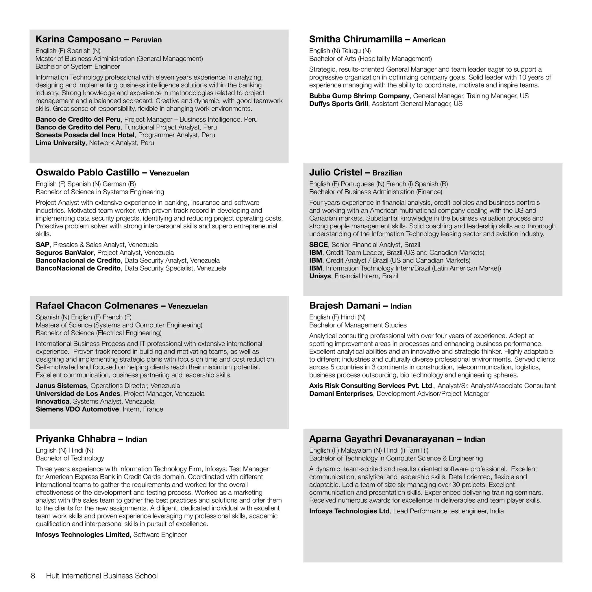Karina Camposano – Peruvian                                                               Smitha Chirumamilla – American
    English (F) Spanish (N)                                                                   English (N) Telugu (N)
    Master of Business Administration (General Management)                                    Bachelor of Arts (Hospitality Management)
    Bachelor of System Engineer                                                               Strategic, results-oriented General Manager and team leader eager to support a
    Information Technology professional with eleven years experience in analyzing,            progressive organization in optimizing company goals. Solid leader with 10 years of
    designing and implementing business intelligence solutions within the banking             experience managing with the ability to coordinate, motivate and inspire teams.
    industry. Strong knowledge and experience in methodologies related to project             Bubba Gump Shrimp Company, General Manager, Training Manager, US
    management and a balanced scorecard. Creative and dynamic, with good teamwork             Duffys Sports Grill, Assistant General Manager, US
    skills. Great sense of responsibility, flexible in changing work environments.
    Banco de Credito del Peru, Project Manager – Business Intelligence, Peru
    Banco de Credito del Peru, Functional Project Analyst, Peru
    Sonesta Posada del Inca Hotel, Programmer Analyst, Peru
    Lima University, Network Analyst, Peru



    Oswaldo Pablo Castillo – Venezuelan                                                       Julio Cristel – Brazilian
    English (F) Spanish (N) German (B)                                                        English (F) Portuguese (N) French (I) Spanish (B)
    Bachelor of Science in Systems Engineering                                                Bachelor of Business Administration (Finance)
    Project Analyst with extensive experience in banking, insurance and software              Four years experience in financial analysis, credit policies and business controls
    industries. Motivated team worker, with proven track record in developing and             and working with an American multinational company dealing with the US and
    implementing data security projects, identifying and reducing project operating costs.    Canadian markets. Substantial knowledge in the business valuation process and
    Proactive problem solver with strong interpersonal skills and superb entrepreneurial      strong people management skills. Solid coaching and leadership skills and throrough
    skills.                                                                                   understanding of the Information Technology leasing sector and aviation industry.
    SAP, Presales & Sales Analyst, Venezuela                                                  SBCE, Senior Financial Analyst, Brazil
    Seguros BanValor, Project Analyst, Venezuela                                              IBM, Credit Team Leader, Brazil (US and Canadian Markets)
    BancoNacional de Credito, Data Security Analyst, Venezuela                                IBM, Credit Analyst / Brazil (US and Canadian Markets)
    BancoNacional de Credito, Data Security Specialist, Venezuela                             IBM, Information Technology Intern/Brazil (Latin American Market)
                                                                                              Unisys, Financial Intern, Brazil



    Rafael Chacon Colmenares – Venezuelan                                                     Brajesh Damani – Indian
    Spanish (N) English (F) French (F)                                                        English (F) Hindi (N)
    Masters of Science (Systems and Computer Engineering)                                     Bachelor of Management Studies
    Bachelor of Science (Electrical Engineering)                                              Analytical consulting professional with over four years of experience. Adept at
    International Business Process and IT professional with extensive international           spotting improvement areas in processes and enhancing business performance.
    experience. Proven track record in building and motivating teams, as well as              Excellent analytical abilities and an innovative and strategic thinker. Highly adaptable
    designing and implementing strategic plans with focus on time and cost reduction.         to different industries and culturally diverse professional environments. Served clients
    Self-motivated and focused on helping clients reach their maximum potential.              across 5 countries in 3 continents in construction, telecommunication, logistics,
    Excellent communication, business partnering and leadership skills.                       business process outsourcing, bio technology and engineering spheres.
    Janus Sistemas, Operations Director, Venezuela                                            Axis Risk Consulting Services Pvt. Ltd., Analyst/Sr. Analyst/Associate Consultant
    Universidad de Los Andes, Project Manager, Venezuela                                      Damani Enterprises, Development Advisor/Project Manager
    Innovatica, Systems Analyst, Venezuela
    Siemens VDO Automotive, Intern, France



    Priyanka Chhabra – Indian                                                                 Aparna Gayathri Devanarayanan – Indian
    English (N) Hindi (N)                                                                     English (F) Malayalam (N) Hindi (I) Tamil (I)
    Bachelor of Technology                                                                    Bachelor of Technology in Computer Science & Engineering
    Three years experience with Information Technology Firm, Infosys. Test Manager            A dynamic, team-spirited and results oriented software professional. Excellent
    for American Express Bank in Credit Cards domain. Coordinated with different              communication, analytical and leadership skills. Detail oriented, flexible and
    international teams to gather the requirements and worked for the overall                 adaptable. Led a team of size six managing over 30 projects. Excellent
    effectiveness of the development and testing process. Worked as a marketing               communication and presentation skills. Experienced delivering training seminars.
    analyst with the sales team to gather the best practices and solutions and offer them     Received numerous awards for excellence in deliverables and team player skills.
    to the clients for the new assignments. A diligent, dedicated individual with excellent   Infosys Technologies Ltd, Lead Performance test engineer, India
    team work skills and proven experience leveraging my professional skills, academic
    qualification and interpersonal skills in pursuit of excellence.
    Infosys Technologies Limited, Software Engineer




8      Hult International Business School
 