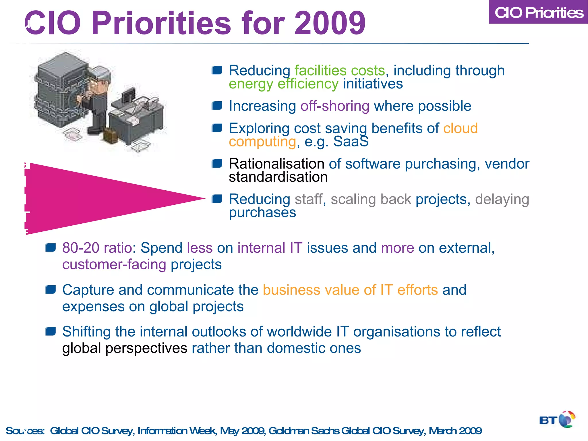 80-20 ratio : Spend  less  on  internal IT  issues and  more  on external,  customer-facing  projects  Capture and communicate the  business value of IT efforts  and expenses on global projects  Shifting the internal outlooks of worldwide IT organisations to reflect  global perspectives  rather than domestic ones   CIO Priorities for 2009 CIO Priorities Sources:  Global CIO Survey, Information Week, May 2009, Goldman Sachs Global CIO Survey, March 2009 Reducing overall IT function costs by Reducing  facilities costs , including through  energy efficiency  initiatives Increasing  off-shoring  where possible Exploring cost saving benefits of  cloud computing , e.g. SaaS  Rationalisation  of software purchasing, vendor  standardisation   Reducing  staff ,  scaling back  projects,  delaying  purchases 