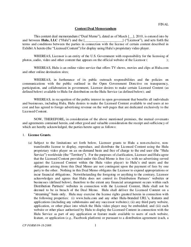 hulu content deal memorandum deal memo