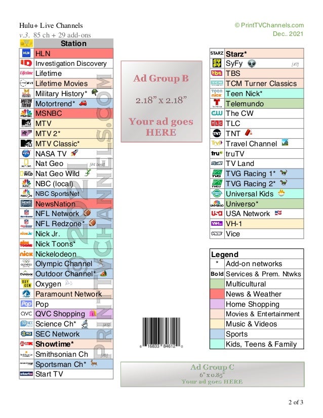Printable Hulu Channel Guide