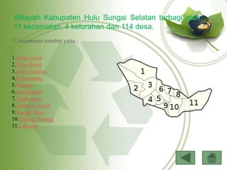 Wilayah Kabupaten Hulu Sungai Selatan terbagi atas
11 kecamatan. 4 kelurahan dan 114 desa.
1.Daha Utara
2.Daha Barat
3.Daha Selatan
4.Kalumpang
5.Simpur
6.Kandangan
7.Angkinang
8.Telaga Langsat
9.Sungai Raya
10.Padang Batung
11.Loksado
11 kecamatan tersebut yaitu :
 