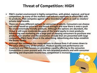 Threat of Competition: HIGH
 P&G’s market environment is highly competitive, with global, regional, and local
  competitors. In many of the markets and industry segments in which P&G sells
  its products, P&G competes against other branded products as well as retailers’
  private-label brands.
 There are many different options for consumer products. Consumers can choose
  not solely based on price but also brand strength and now there is even a push
  for environmentally friendly products. Although the options are abundant, the
  threat is still more moderate because of the brand equity in most products.
  Advertising and marketing are a large part of swaying consumers to purchase one
  product over another and the economies of scale that are presented with large
  companies (P&G) favor them in the advertising. Advertising also helps establish
  the brand loyalty.
 Although the consumer has many options to choose from it all comes down to
  the value and quality of the product. Product quality and performance are
  important and P&G focuses on providing a quality offering to the consumer.
  Competition is even present with the non-branded products and with consumer
  spending and disposable income low, competition is increasing.
 