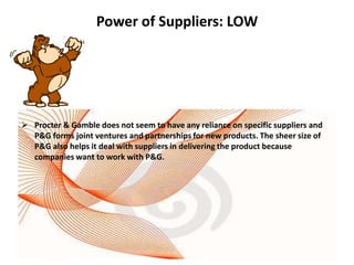 Power of Suppliers: LOW




 Procter & Gamble does not seem to have any reliance on specific suppliers and
  P&G forms joint ventures and partnerships for new products. The sheer size of
  P&G also helps it deal with suppliers in delivering the product because
  companies want to work with P&G.
 