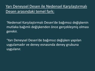 Yarı Deneysel Desen ile Nedensel Karşılaştırmalı
Desen arasındaki temel fark:
‘Nedensel Karşılaştırmalı Desen’de bağımsız değişkenin
mutlaka bağımlı değişkenden önce gerçekleşmiş olması
gerekir.
‘Yarı Deneysel Desen’de bağımsız değişken yapılan
uygulamadır ve deney esnasında deney grubuna
uygulanır.
 